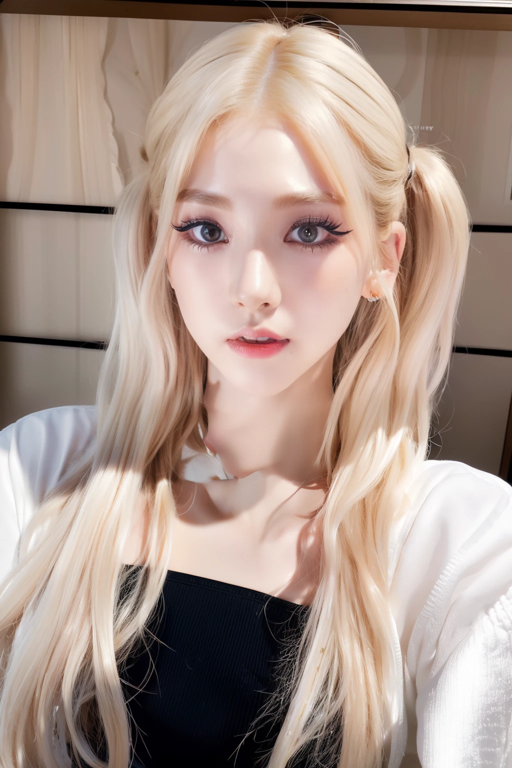 (8k, 4k, best quality, highres, ultra high res:1.1), (masterpiece, realistic, photo-realistic:1.1), 1girl, face, close-up, twintails, blonde hair, black eyes, red lips, (looking at viewer:2), absurdly long hair, long eyelashes, eyeshadow, small face, big eyes,
bare shoulders,
high contrast,