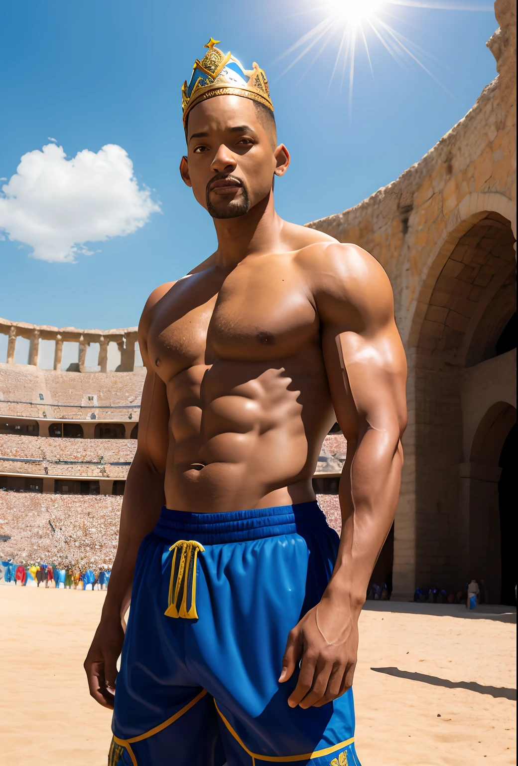 Will Smith rendered in ultra-realistic style, wearing king suite with crown, , with a tall and defined physique, highly saturated muscles, high definition, ultra-realistic HD, 8K resolution. The scene is set in a cinematic backdrop of a grand Greek arena, with sunlight reflecting on his face, perfect saturation, and well-crafted and refined limbs, all capturing the essence of the medieval