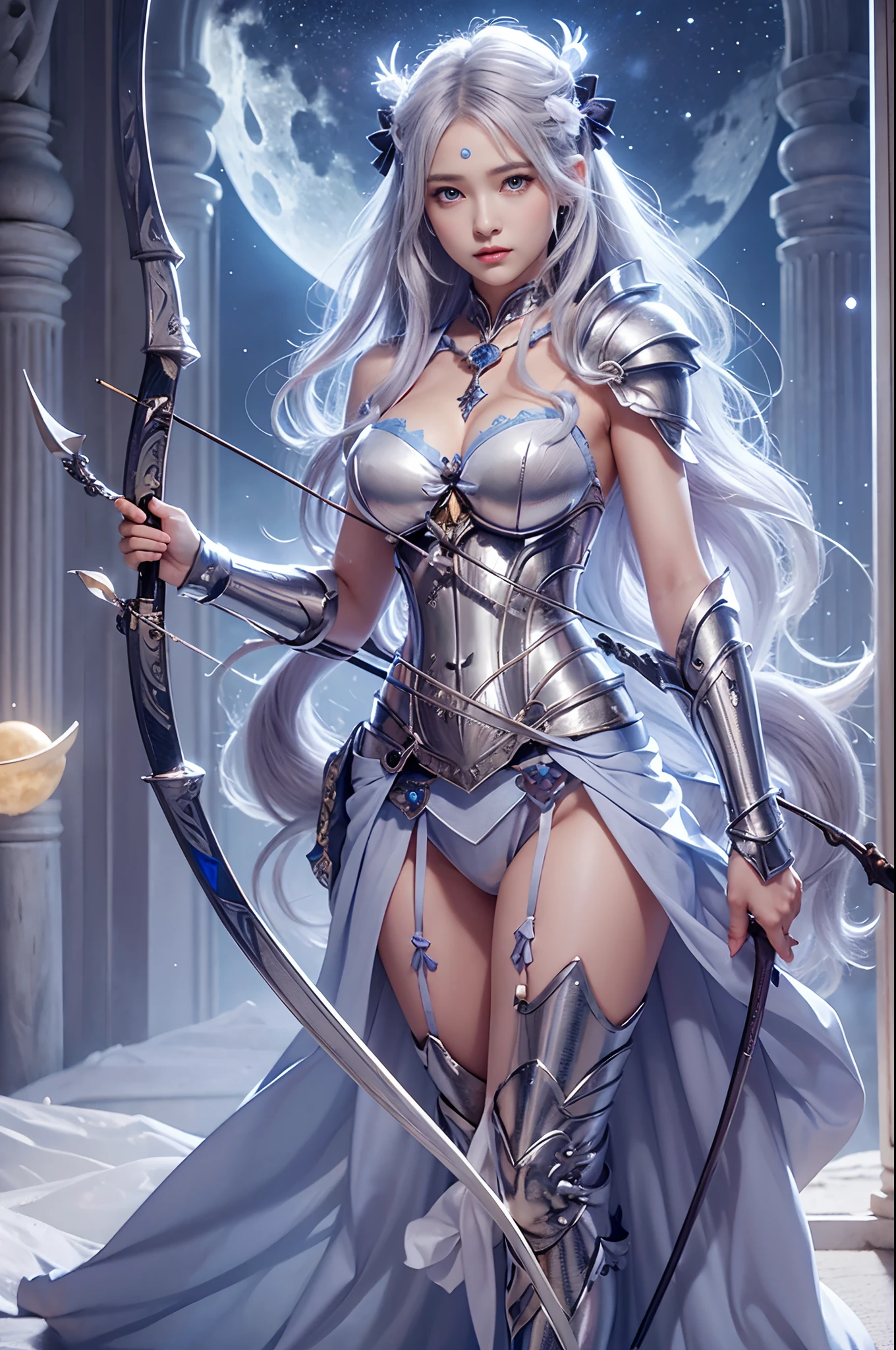 (Archer girl dressed in armor like an enchanting moon goddess),(Realistic Beautiful Night Sorceress),(Artemis, goddess of the moon),Silver bow and arrow with luxurious decoration in the hand,Ready to shoot the bow,mysterious girl,Amazing effect,(small tits),Lifelike face,Compassionate eyes,cute face,Blue eyes,Realistic Nada Room,Silver hair shining like the moon,de pele branca,Young Goddess,Photoquality,Dignified Moon,Tsurime,Blue glowing eyes,((Bow Drawing Pose)),(((Bow Drawing Pose))),(((Bow Drawing Pose))),