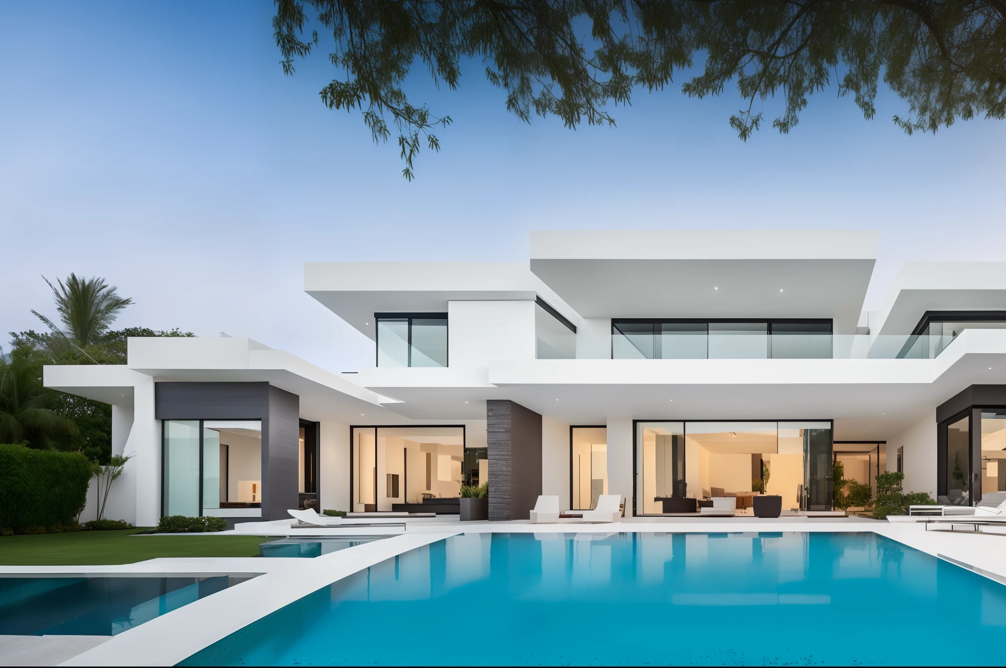 arafed view of a modern house with a pool and lounge chairs, modern house, modern architecture design, luxury architecture, contemporary house, modern architecture, modern design, modern minimal design, ultra modern, large modern residence, modern setting, futuristic house, white minimalist architecture, luxury lifestyle, contemporary design, exterior design, luxury hd render, fotografia, contemporary architecture, villa