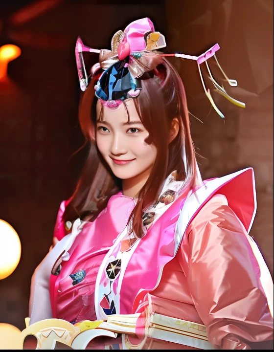 Smiling woman holding pink dress and brown sheet