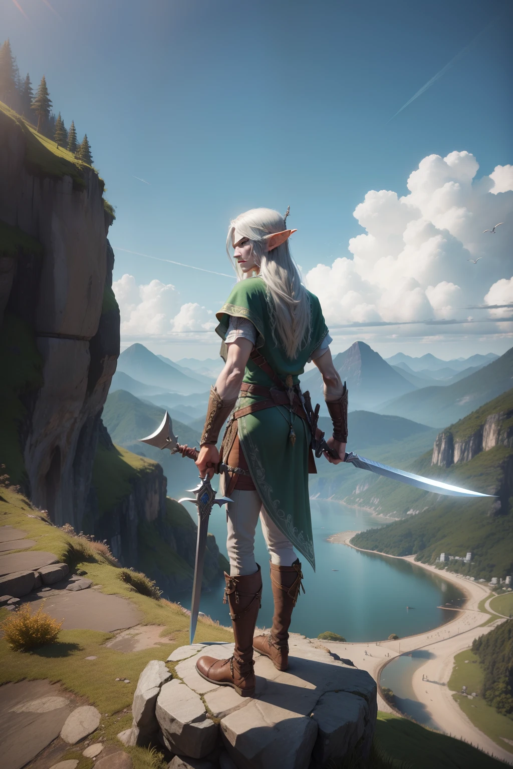 A tall elf in detailed clothing holding an elven sword, em uma paisagem com montanhas e um rio, estilo realista, cores vivas, toda a imagem em 3d