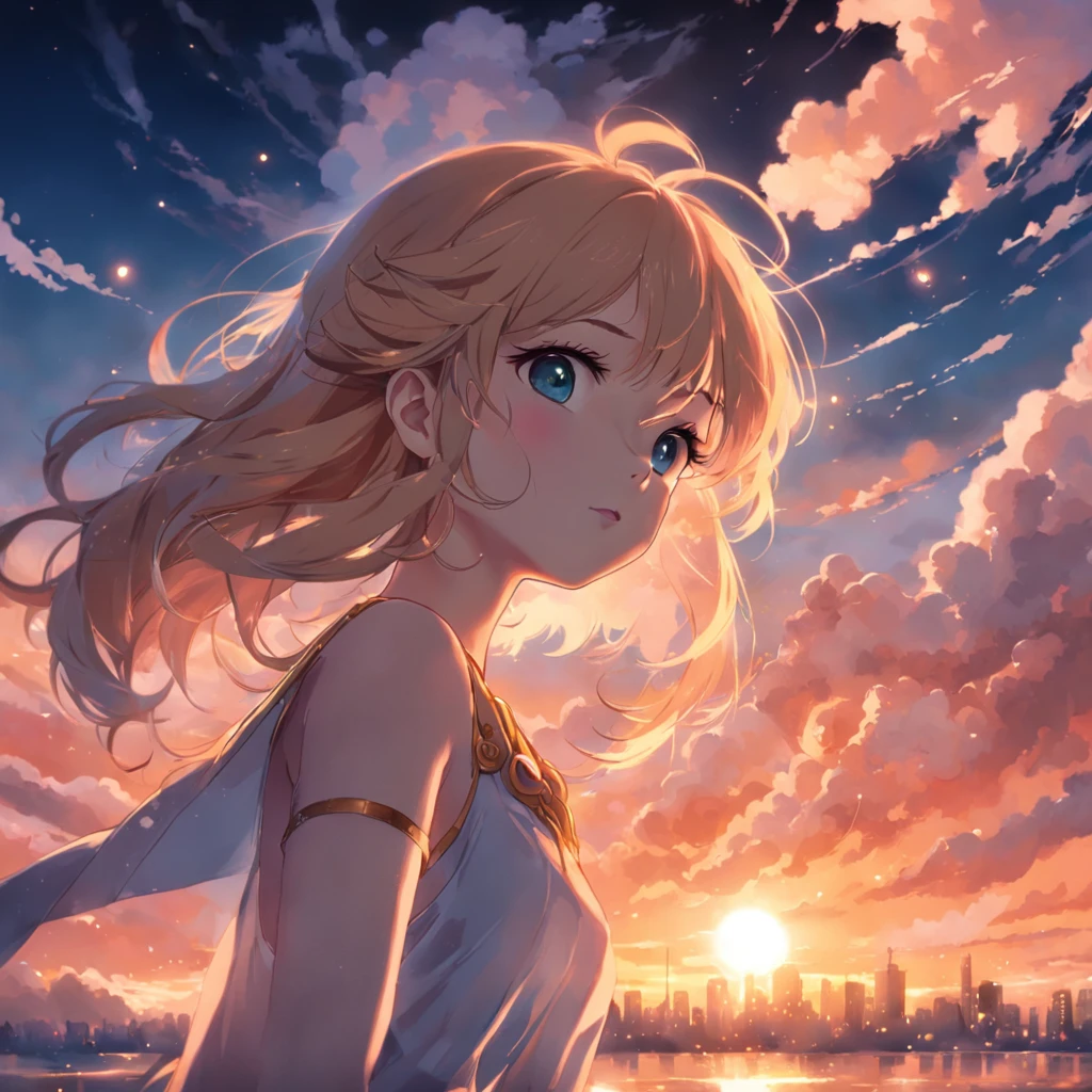 tmasterpiece，best qualtiy，cinematic Film still from，1 girl，Cloud Girl，Floating in the sky，closeup cleavage，brightly，cheerfulness，Warm and soft lighting，the sunset，（spark of light：0.7）。