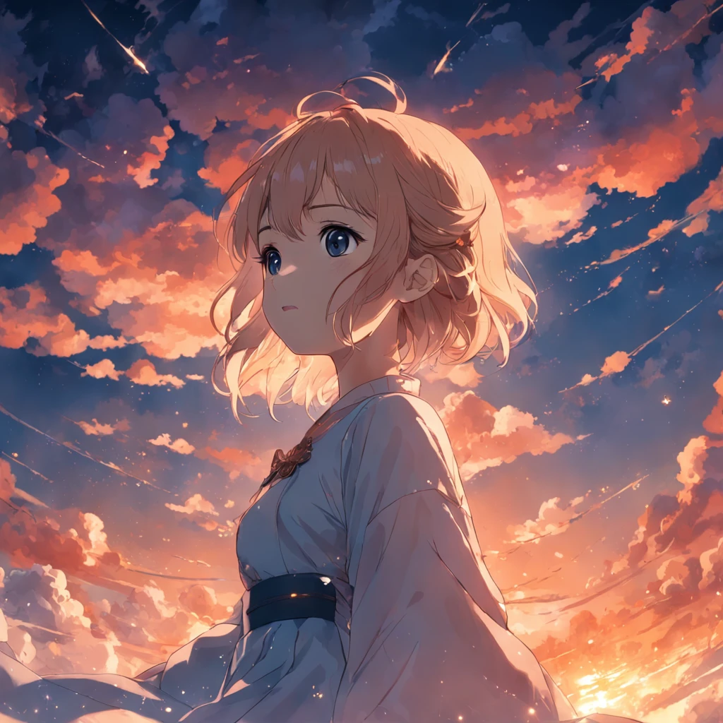tmasterpiece,best qualtiy,cinematic Film still from,1 girl,Cloud Girl,Floating in the sky,closeup cleavage,brightly,cheerfulness,Warm and soft lighting,the sunset,(spark of light:0.7)。