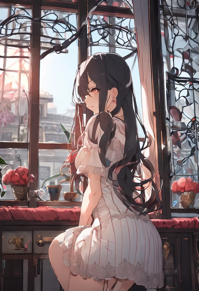 masterpiece、Top image quality、high detailing、Detailed beautiful face and eyes、abajour、window、(nighttime scene:1.5)、nighttime scene、(red eyes:1.4)、Delicate interior design、Longhaire、1girl in、(Black hair)、length hair、red blush、(a beauty girl)、cute little、((garterbelts))、huge-breasted、cleavage of the breast、A smile、Long gloves、耳环、Character Center、(Kamimei:1.2)、Big buttocks、Tsuriformes、Small pants、 (Curvaceous:1.2)、(frombelow:1.1)、(Black pleated skirt:1.4)、blouse、、thick leg、a belt、Blunt bangs、(Open legs:1.5)、Blunt bangs、pretty pose、校服、cowboy shot、((I can see panties))、dynamic ungle、(overknee socks:1.3)、Adult panties
