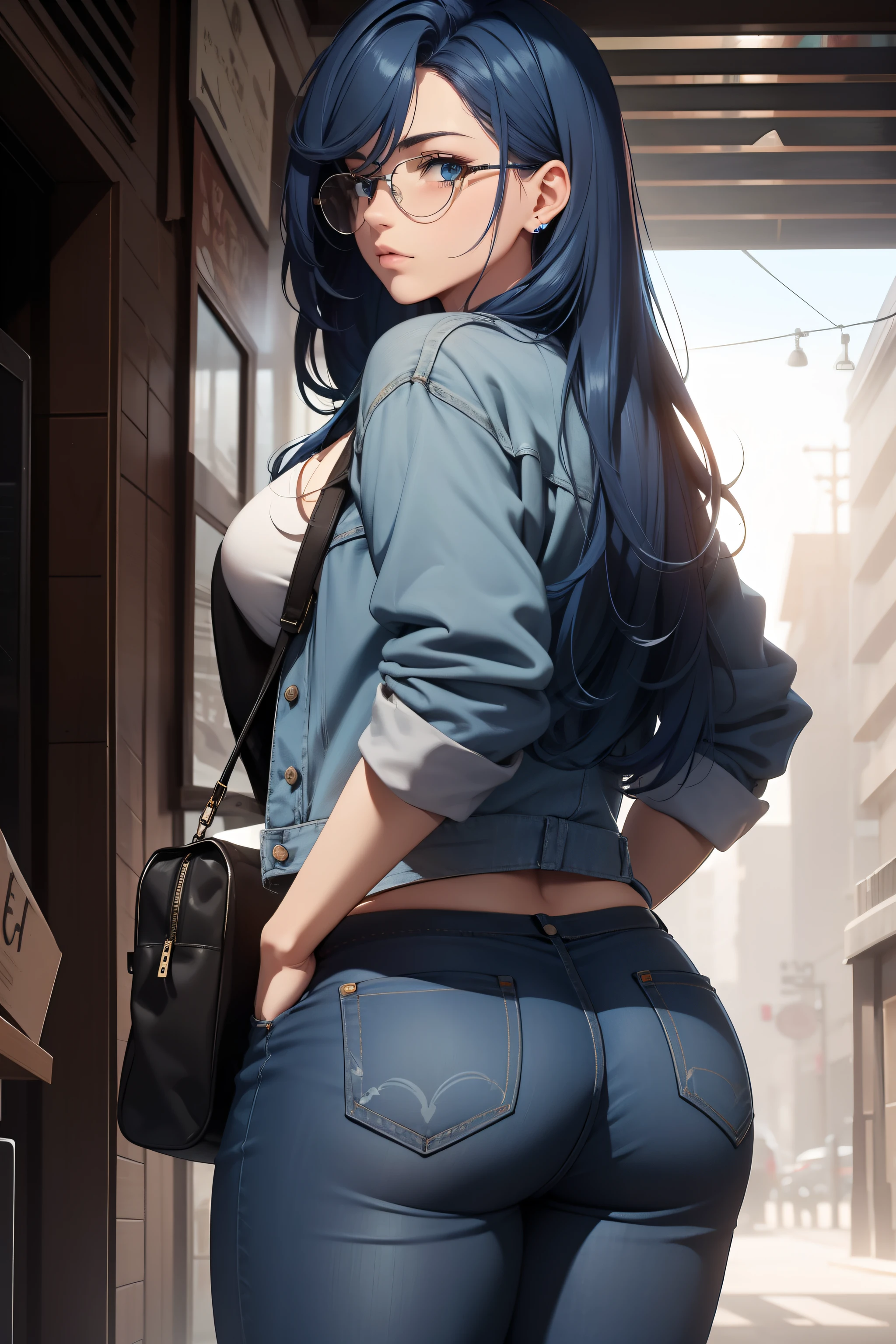 (masterpiece, best quality, 4k, photorealistic, cinematic, ultra-detailed), wide shot, from behind, perfect anatomy, curvaceous body, perfect eyes, perfect hands, large chest, long round legs, 1 girl, blue hair, Relaxed Denim Jacket, Graphic T-shirt, Distressed Boyfriend Jeans, White Sneakers, Crossbody Bag, Oversized Sunglasses, Blue Hair in Loose Waves,