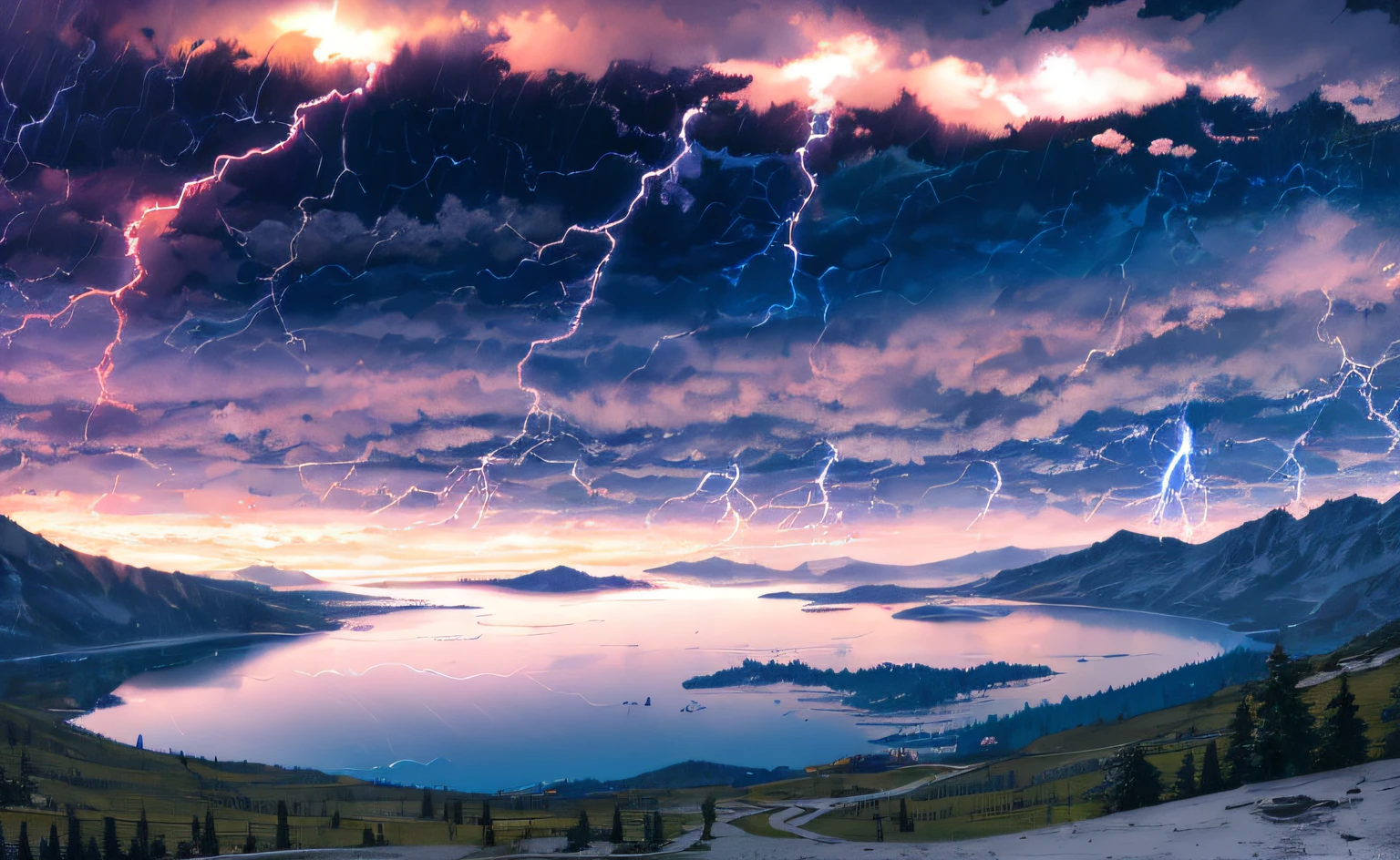 Panoramic view of a lake surrounded by majestic mountains, accompanied by a thunderstorm with lightning and powerful thunderclaps.