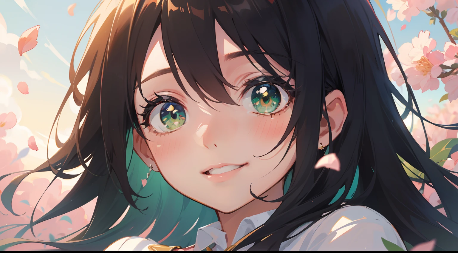 (masterpiece), (best quality), ultra high res, sharp focus, warm pastel tone, ((1 woman, solo)), upper body, mediun close up, beautiful detailed hair, chestnut brown hair, long hair flowing, beautiful detailed face, ((beautiful shape eyes, green eyes)), (happiest face), perfect feminine face, looking at the viewer, smiles, open lips, beautiful clouds and sky in the evening background, surrounded by petal flowers