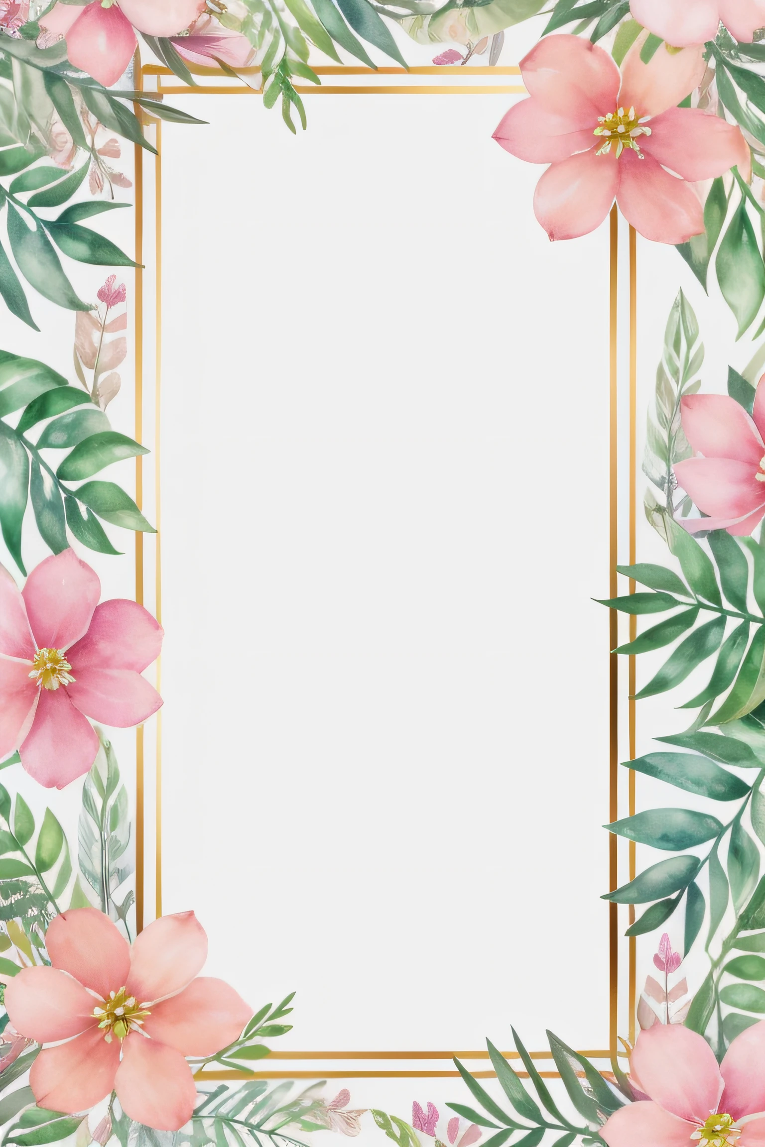 a watercolor floral frame with pink flowers and green leaves, botanical background, flower frame, flower background, floral background, watercolor background, flowers and foliage, floral painted backdrop, botanic watercolors, watercolor illustration, flowers background, without text, watercolor illustration style, flowers in background, plain background, wreath of ferns, fine background proportionate, botanic foliage, floral pattern