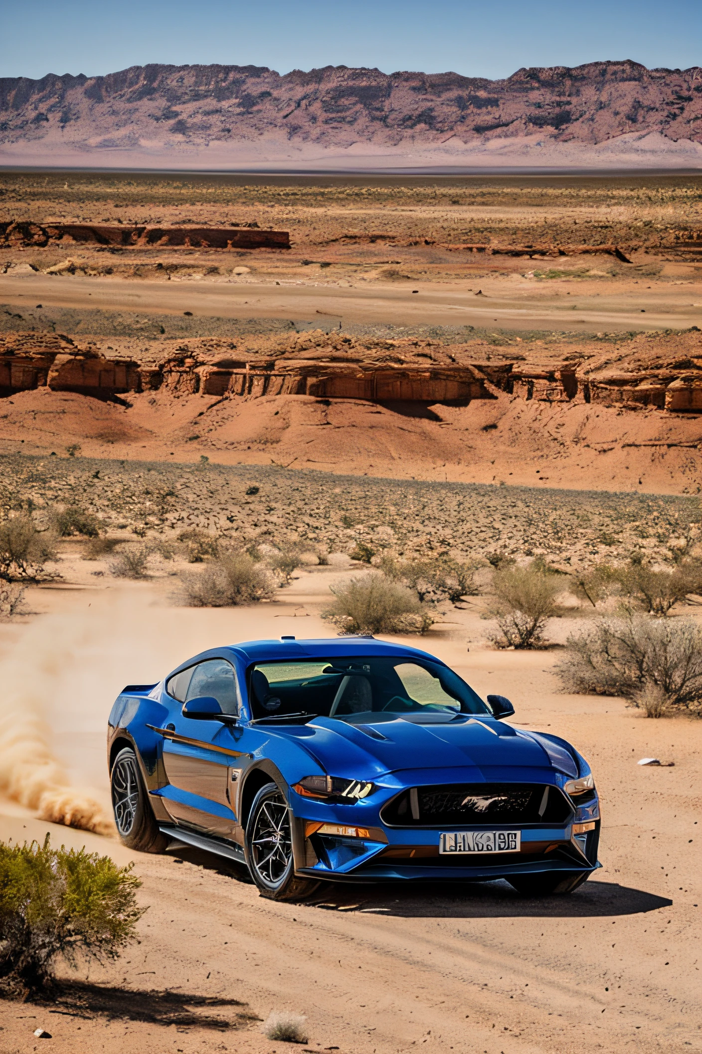 Describe a dramatic and engaging scene in which a gleaming Ford Mustang stands out against the unforgiving backdrop of a desert. Explore visual sensations, sonorous and even tactile as you describe how the car dominates the barren landscape. Feel free to add narrative elements, like the purpose of the Mustang in the desert and the emotions this scene evokes in observers.