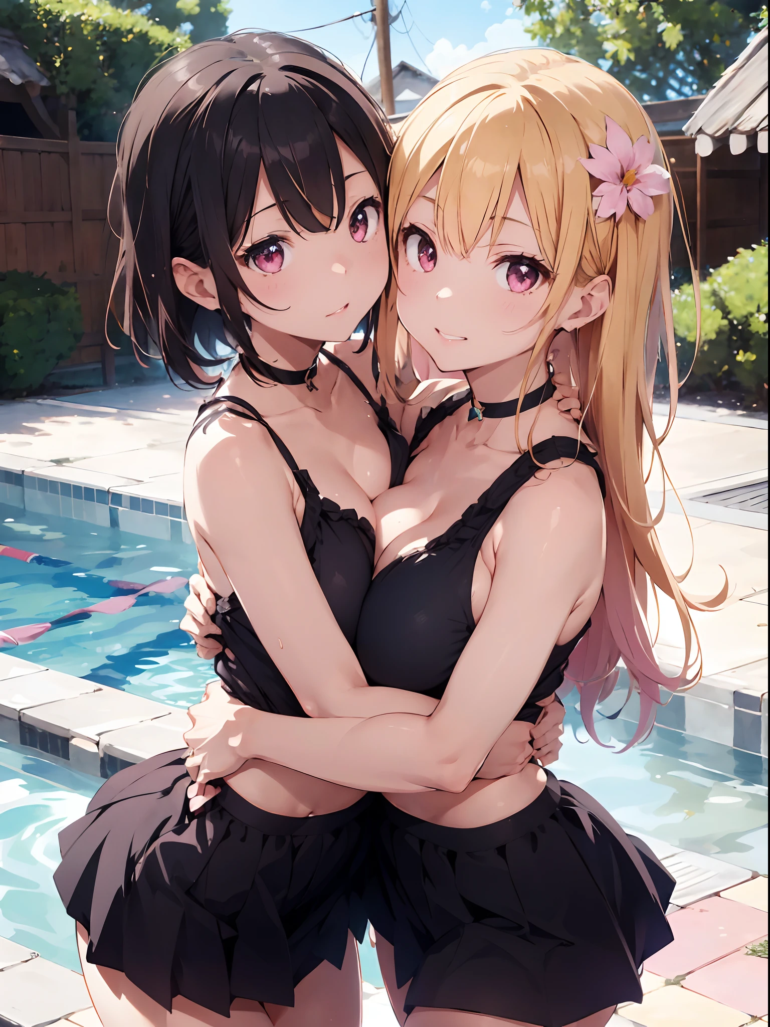 (masuter piece:1.2、top-quality)、(shinny skin)、(2 girls)、((Hug each other as if pushing each other))、、maikurobikini、between breasts、blonde  hair、((Chest Hold))、breastsout、a choker、cleavage of the breast、鎖骨、verd s eyes、(((Colossal tits)))、Short hair、see the beholder、pink back ground、Pink eyes、瞳の中に♥️、Opposite chests、Outdoor pool、Resort、beatiful backgrounds、Detailed drawing、Anatomical depiction of the human body、Accurate drawing、high-class sense、bustup、Shot from diagonally below、Perfect Photo、symmetry