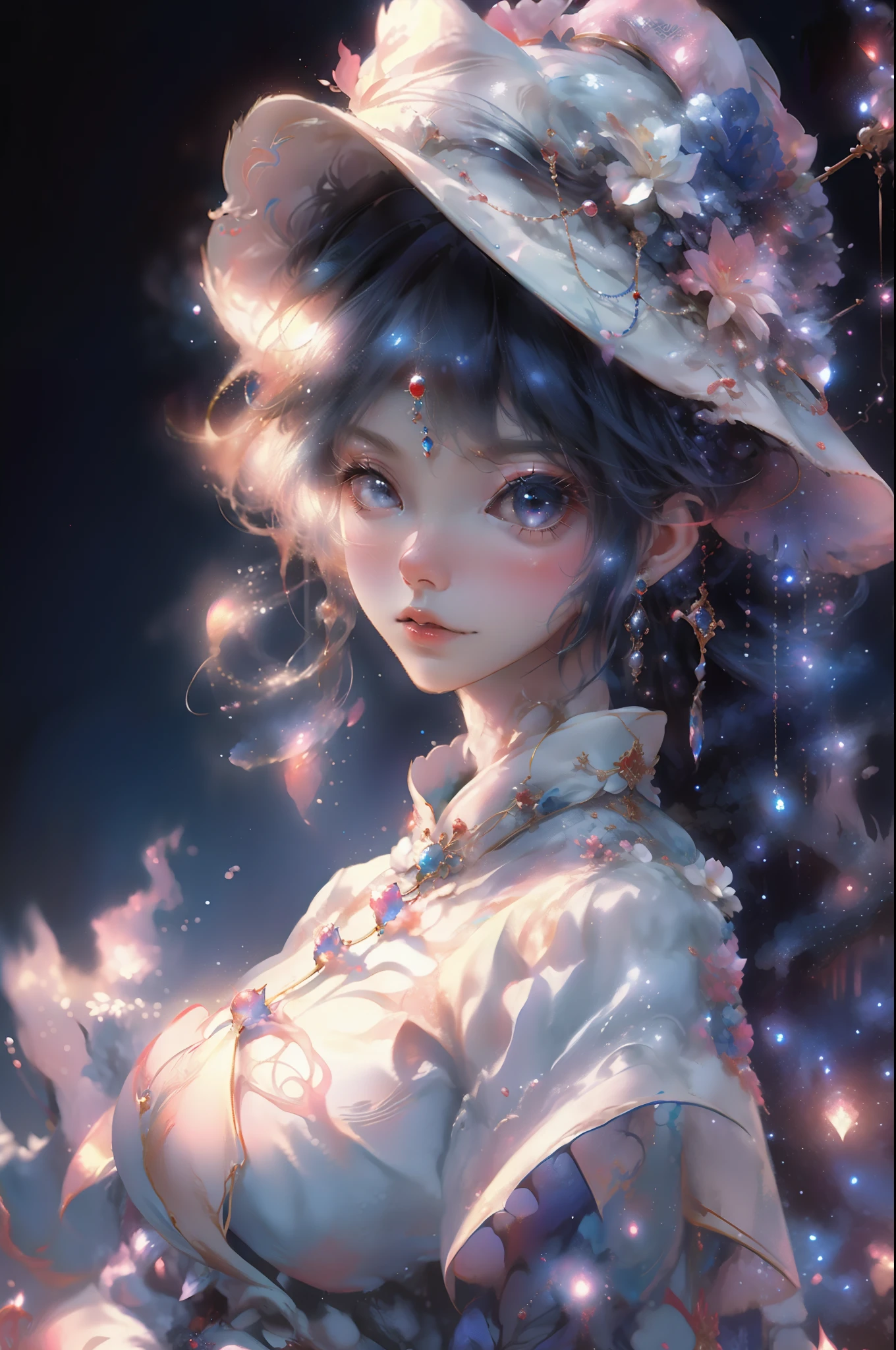 woman，Conservative attire，(With a huge hat)，Crane in blue，Wearing blue and red and white princess dresses，Close-up of upper body，Close-up photos，jewelery，Visions of heaven and earth，Magic crystal ball，The background is the Milky Way，solar system