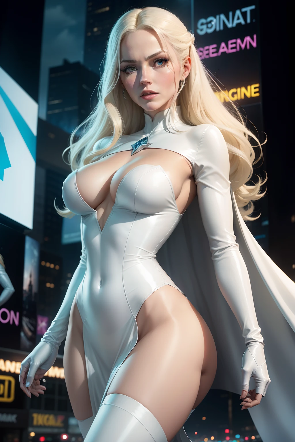 New York, Time Square, "White Queen" Emma Grace Frost, also known as the "White Queen", is a fictional character appearing in comic books published by Marvel Comics, most commonly associated with the X-Men. Described as an anti-heroine, a mutant with powers of telepathy and transforming her body into a diamond shape. Emma Frost was an episode of The Avengers in which Emma Peel (played by Diana Rigg) infiltrated a secret society wearing provocative clothing and the nickname "Queen of Sin".[1], (Best Quality: 1.0), (Ultra Highres) : 1.0), highly detailed face and eyes, (photorealistic: 1.2)
