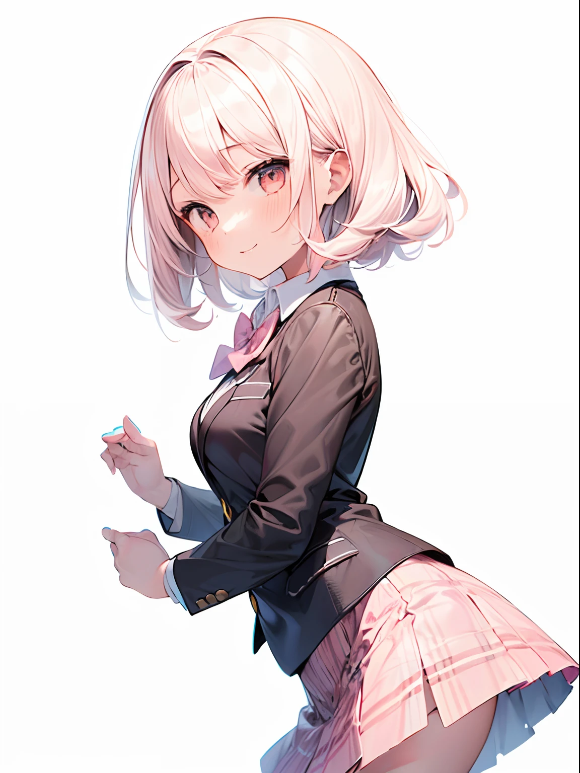 best quality, masterpiece, absurdres, highres, pastel color, soft colors, (white background:1.6), (front view:2), BREAK (1girl:2), happysmile, (short shaggy perm hair:1.6), (light pink hair:1.5), upper body, looking at viewer, (facing straight at viewer:1.4), (front face:1.6), (school uniform blazer collared shirt plaid skirt with petticoat:1.4), best hands,