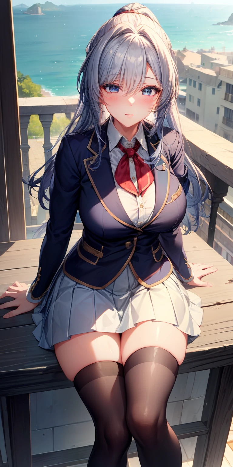 (masterpiece:1.2, best quality), (finely detailed beautiful eyes: 1.2), masterpiece*portrait, Authenticity,jingliu, big breasts,blush,topless, shyness, school uniform, blazer, cardigan, jackets, long-sleeved, pleated skirts, white shirt, black thigh socks, Look at the viewer, Balcony