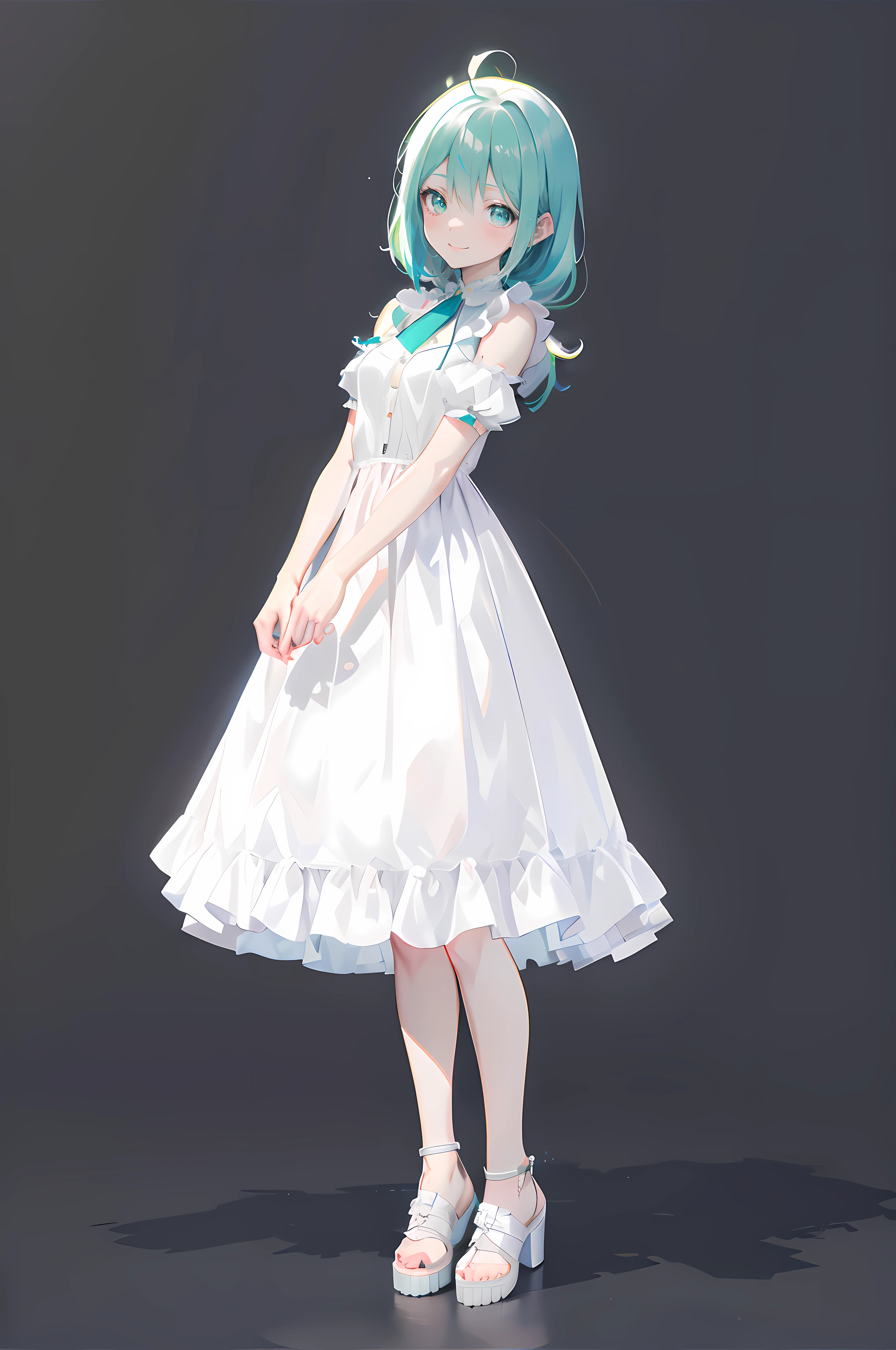 anime girl in white dress with green hair and white shoes, loli in dress, anime styled 3d, wearing a white dress, stylized anime, white dress!! of silver hair, anime stylized, render of april, visual novel sprite, render of a cute 3d anime girl, mikudayo, smooth anime cg art, anime girl with teal hair, cute smile, happy, 8k, hi resolution, super long hair, flowing hair, long hair,