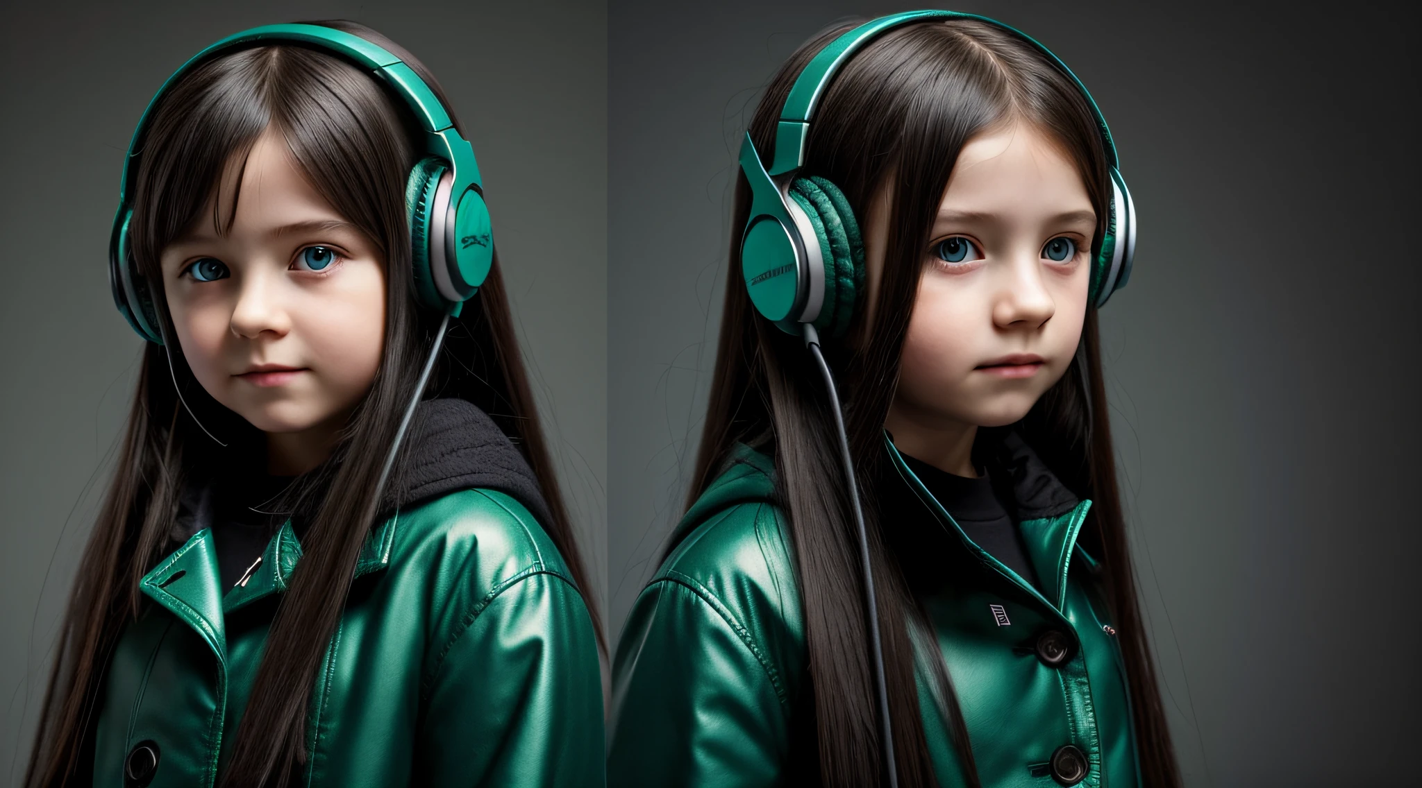 Russian  girl long dark hair straight, put on headphone jack and change into a cyberpunk green coat but do not change the face, gray background.