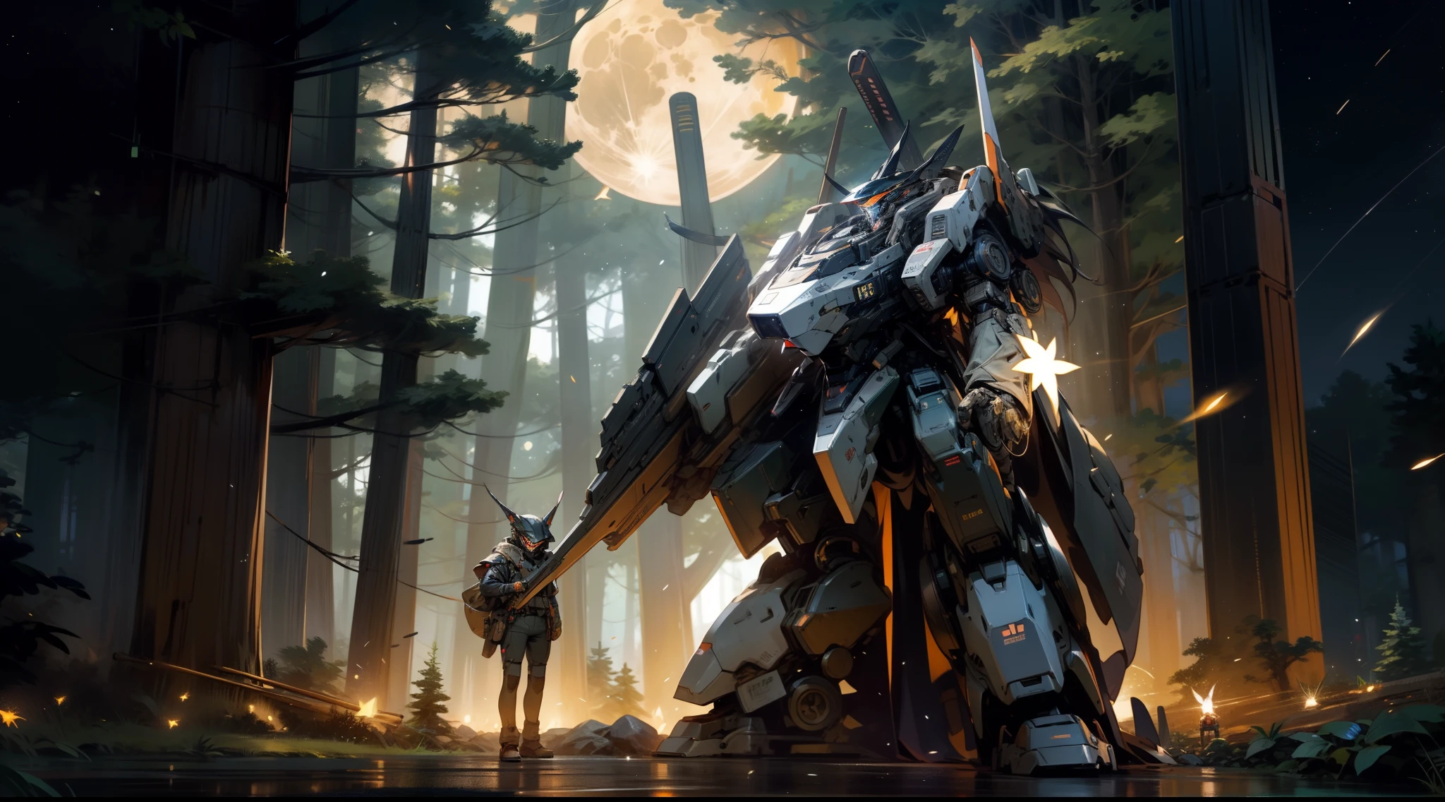 A brave soldier stands near the war mech in the forest. it's night time，There is a full moon in the sky，Full of stars，There are some fireflies in the background. He is sending positive signals. Panoramic view. full body in picture. Centered.