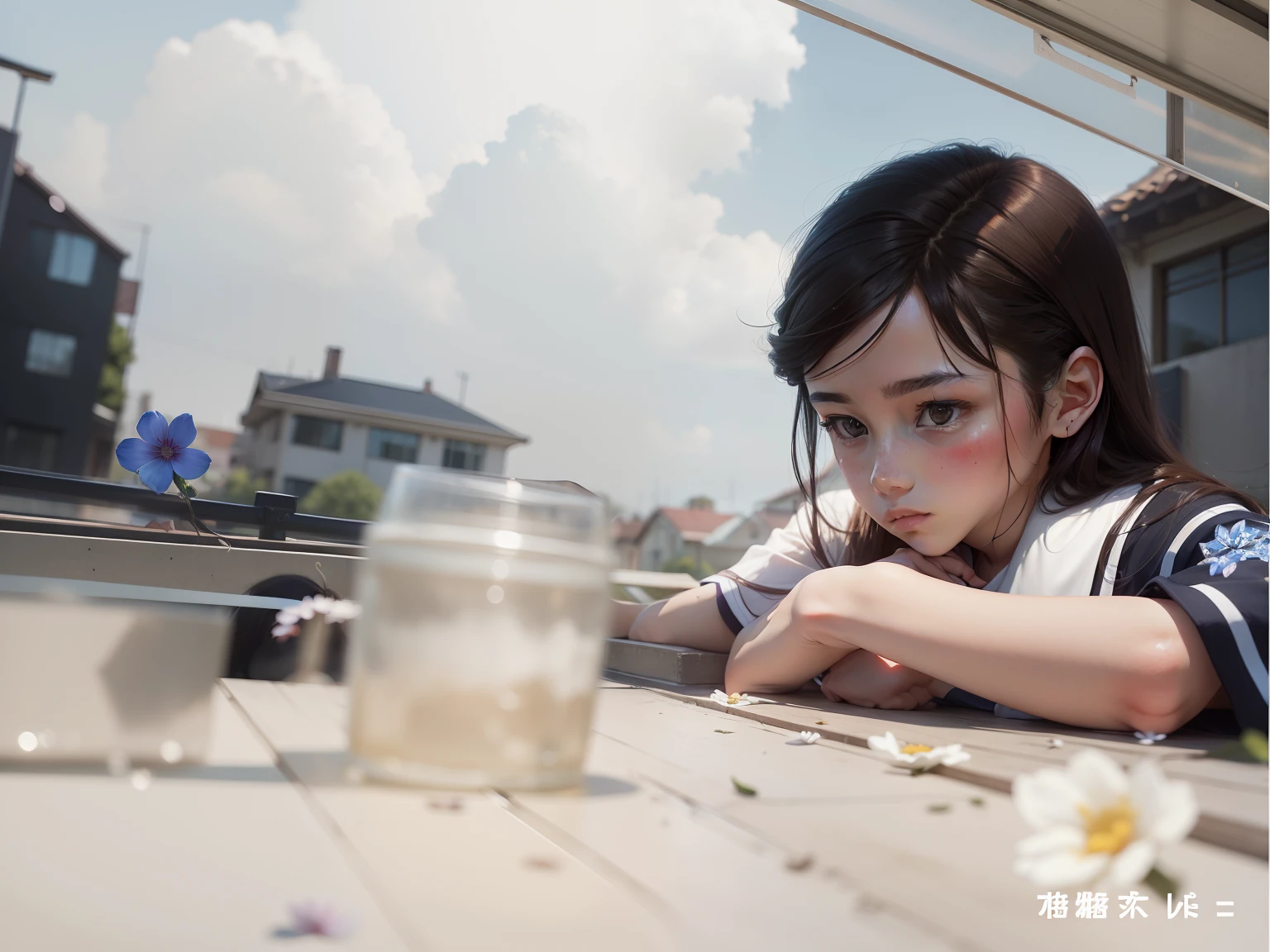 (masterpiece, best quality),1boy, solo, flower, long hair, outdoors, letterboxed, school uniform, day, sky, looking up, short sleeves, parted lips, shirt, cloud, black hair, sunlight, white shirt, serafuku, upper body, from side, pink flower, blurry, brown hair, blue sky, depth of field