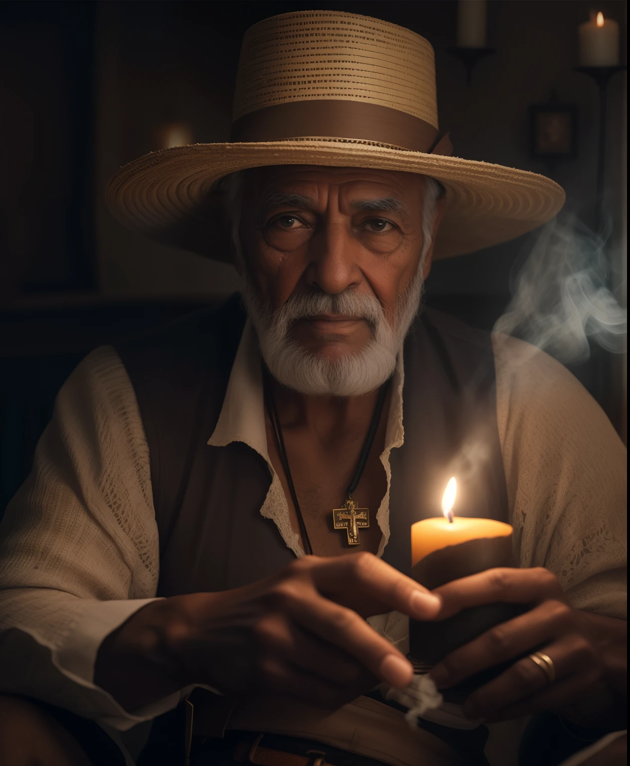 Crie uma imagem uma imagem hiper realista de um homem velho  afrodescendente, 80 anos, olhos brilhantes, cansados e triste, pele negra, cabelos curto, crespo e grisalho, wearing an old, simple, torn white cotton outfit, with crucifix necklaces with seeds and medal around their necks, rosto com rugas, hands with five fingers.  The decoration should be dark old clay wall, with candle lighting with lots of smoke in an intimate and religious atmosphere.