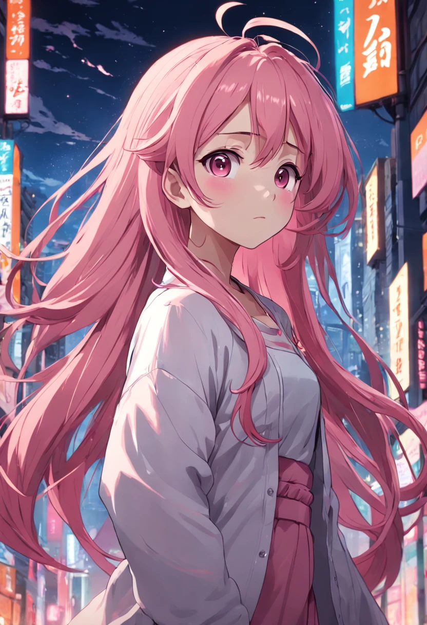 Create an anime-style illustration of a girl with long pink hair, dressed in minimalist clothing that accentuates her curves. Emphasize a body with a gentle, curvy figure. Convey her confidence and unique charm through her pose and expression, showcasing a character who embraces her form with grace and style