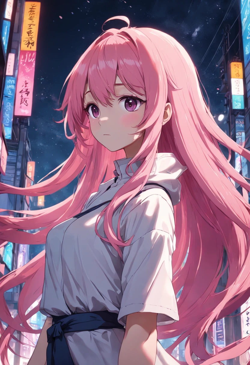 Create an anime-style illustration of a girl with long pink hair, dressed in minimalist clothing that accentuates her curves. Emphasize a body with a gentle, curvy figure. Convey her confidence and unique charm through her pose and expression, showcasing a character who embraces her form with grace and style