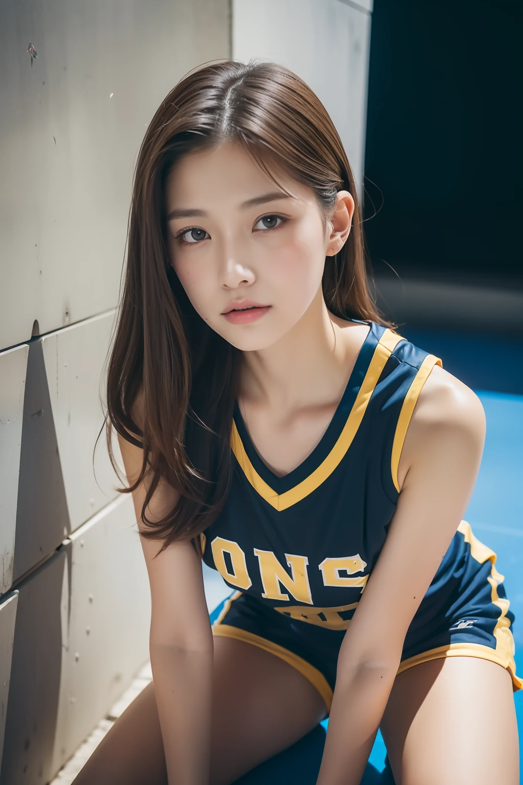 (Best Quality, 8K, 32K, masutepiece, nffsw:1.2), (1 slender woman of Japan, 28 years old), dark brown hair, long hair, Bright foreground, Professional Lighting, Photon mapping, Radio City, shading:1.3, (high-detail skin:1.2), (Huge breasts:1.2), (Shorts, exposed shoulder:1.1), (Leaning against wall resting, Sit on floor with legs spread), (she is soaking wet), top-down view:1.4, (Basketball Uniform:1.1), hyperdetailed face, Detailed lips, Detailed eyes, Double eyelids, Inside the stadium, Looking Camera, (Sensual gaze on the photographer, lips slightly open), BREAK Basketball Stadium, The audience gets excited, Confetti flies,