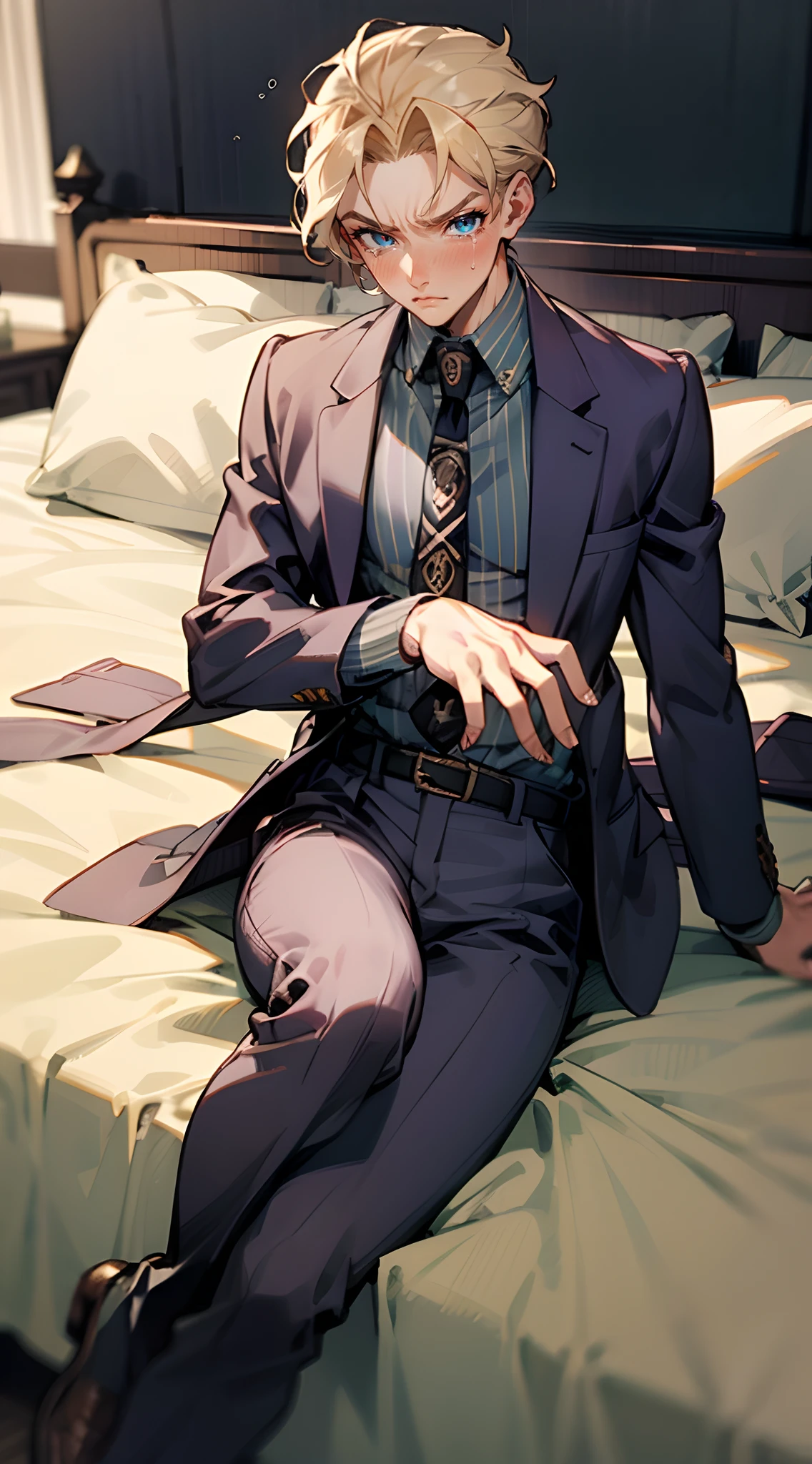 kirayoshikage, kira yoshikage, 1boy, blonde hair, short hair, mature male, cheekbones, blue eyes,
BREAK belt, formal, necktie, shoes, suit, pants
BREAK looking at viewer, shy, blushing, flustered, angry expression, crying
BREAK bedroom, bed, solo
BREAK (masterpiece:1.2), best quality, high resolution, unity 8k wallpaper, (illustration:0.8), (beautiful detailed eyes:1.6), extremely detailed face, perfect lighting, extremely detailed CG, (perfect hands, perfect anatomy),  laying down on bed, SOLO, (solo)