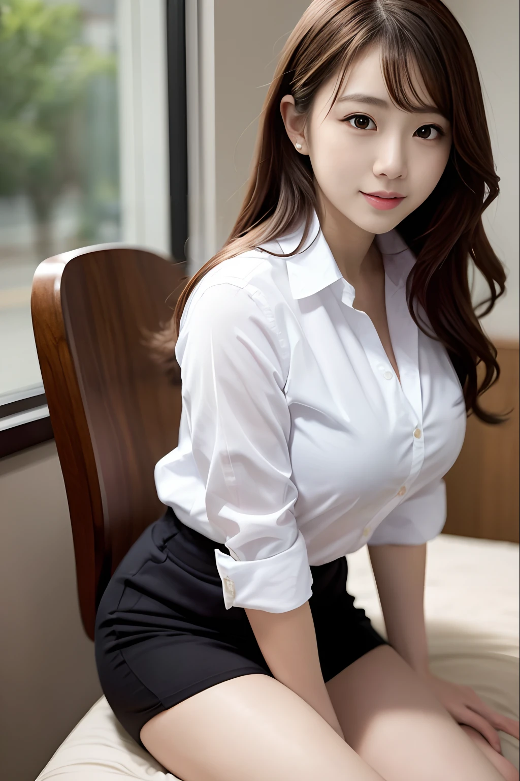 masutepiece、Supreme Beauty、1 person per Japan、Beautifully shaped breasts、slenderbody、Office Uniforms、shirt、I can't see my underwear、Emphasis on the chest、stares at the camera、Smile,、Above the knee、seductiv、high detailing, depth of fields, Textured skin, Super Detail, High quality, awardwinning, Best Quality, hight resolution, 8K, de pele branca,Koi brown hair、cute face、Adult beauties、20yr old
