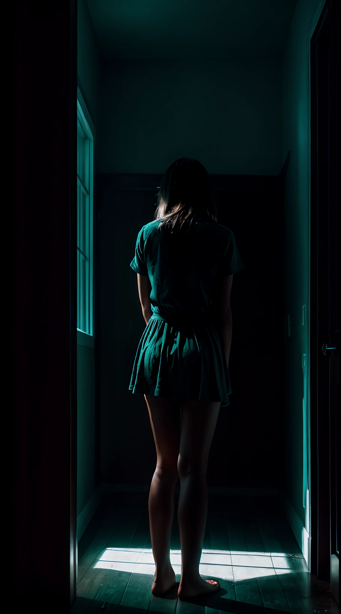 there is a woman standing in the dark with a light shining on her face, teal cinematic photography,light falling on face, strong eerie back light, standing in a dimly lit room, standing under a beam of light, 35mm dramatic lighting, female image in shadow, mysterious woman, dark moody backlighting, a portrait of a suicidal girl, crawling out of a dark room