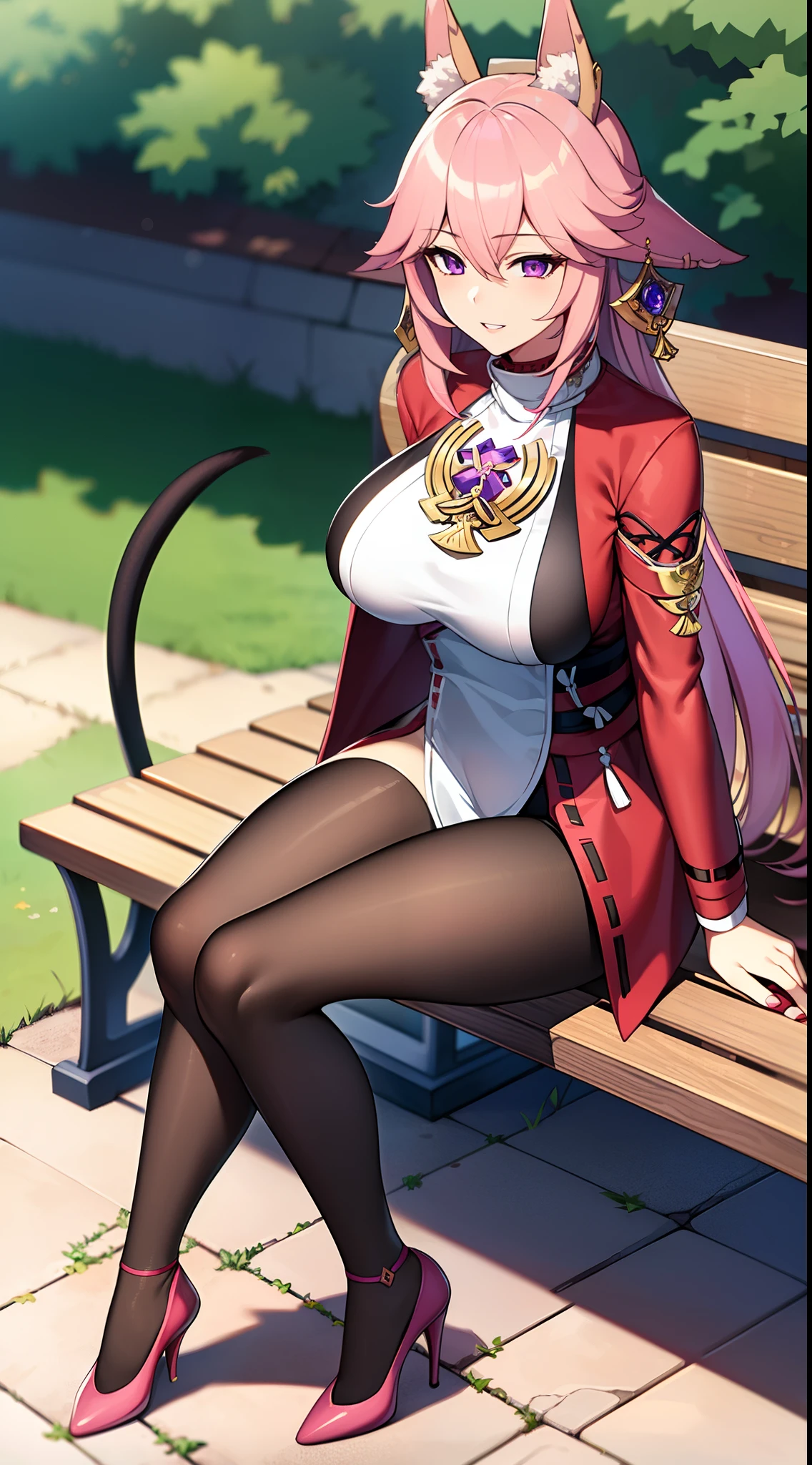 masterpiece, high quality, extremely detailed, 1girl, milf, solo, yae miko, large breasts, parted lips, fingernails, fox girl, pink hair, fox ears, fox tail, multiple tails, purple eyes, bodystocking, coat, high heels, light smile, sitting, park bench, afternoon, anime.
