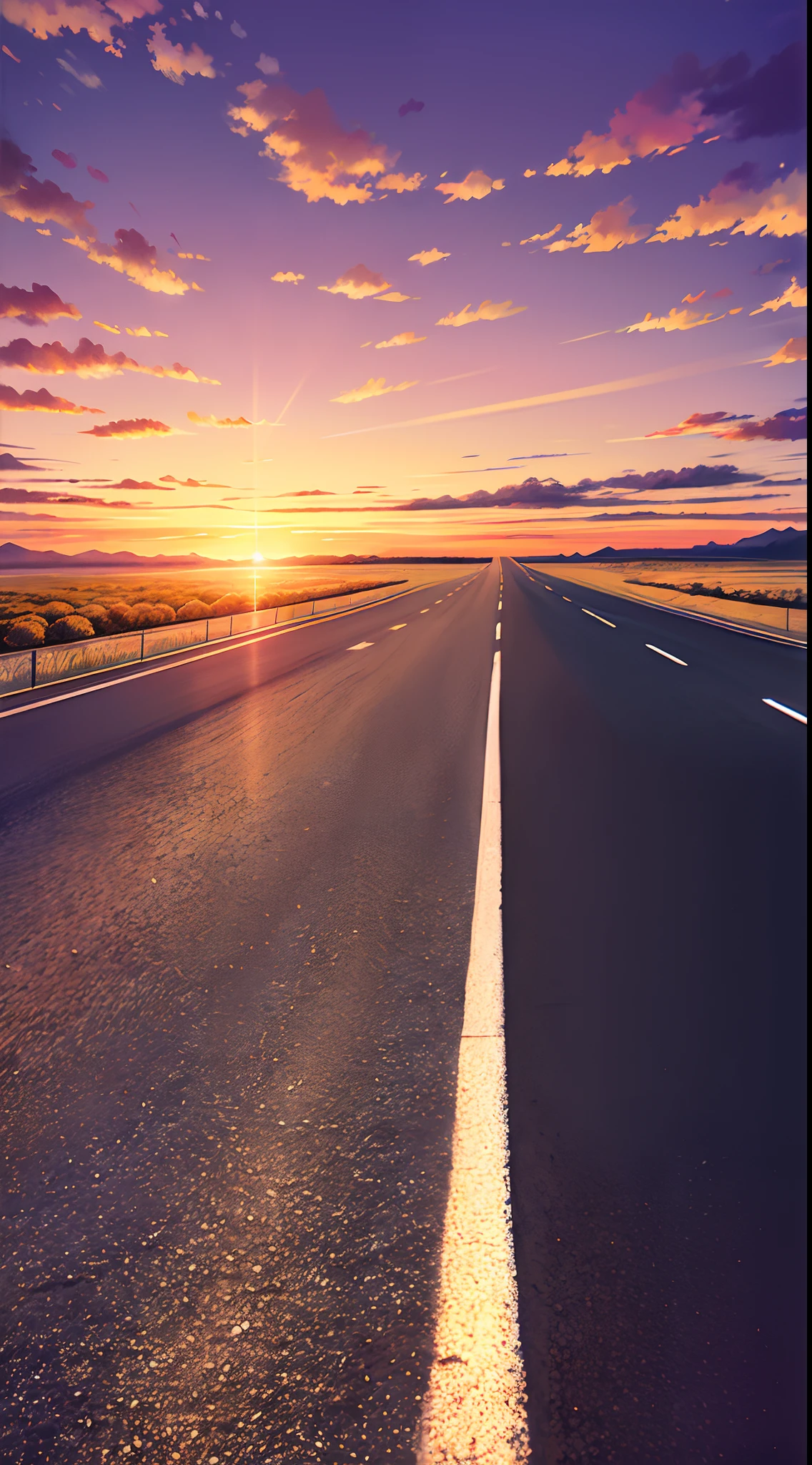 arafed view of a highway with a sunset in the background, highway and sunset!!, road, open road, highway, shutterstock, the road, long road, vanishing point perspective, going forward to the sunset, desert highway, wide roads, empty road in the middle, long highway, inspired by Mike Winkelmann, artistic interpretation, empty road, roads