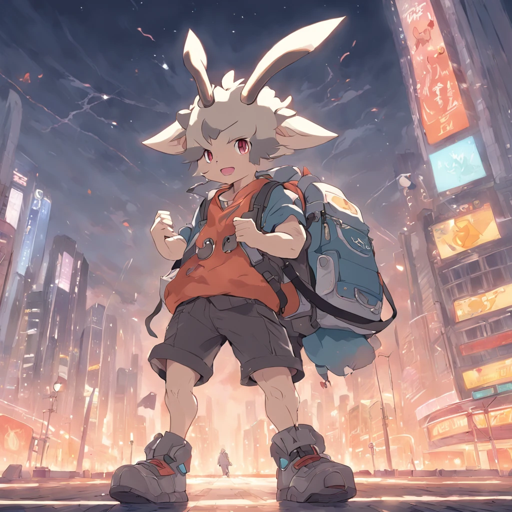 There is a boy, wearing a hat with two horns on its head, and dressed in clothes. Resembling a new Pokémon, with a cute style. A ground-type Pokémon. It stands on two legs and is carrying a gray backpack. It's standing on top of a building, surrounded by a cityscape. Its cute stubborn face is endearing. The dominant color scheme is gray-blue. It belongs to the bread-type Pokémon category, with Ken Sugimori's art resembling that of Pokémon, as seen on bulbapedia.