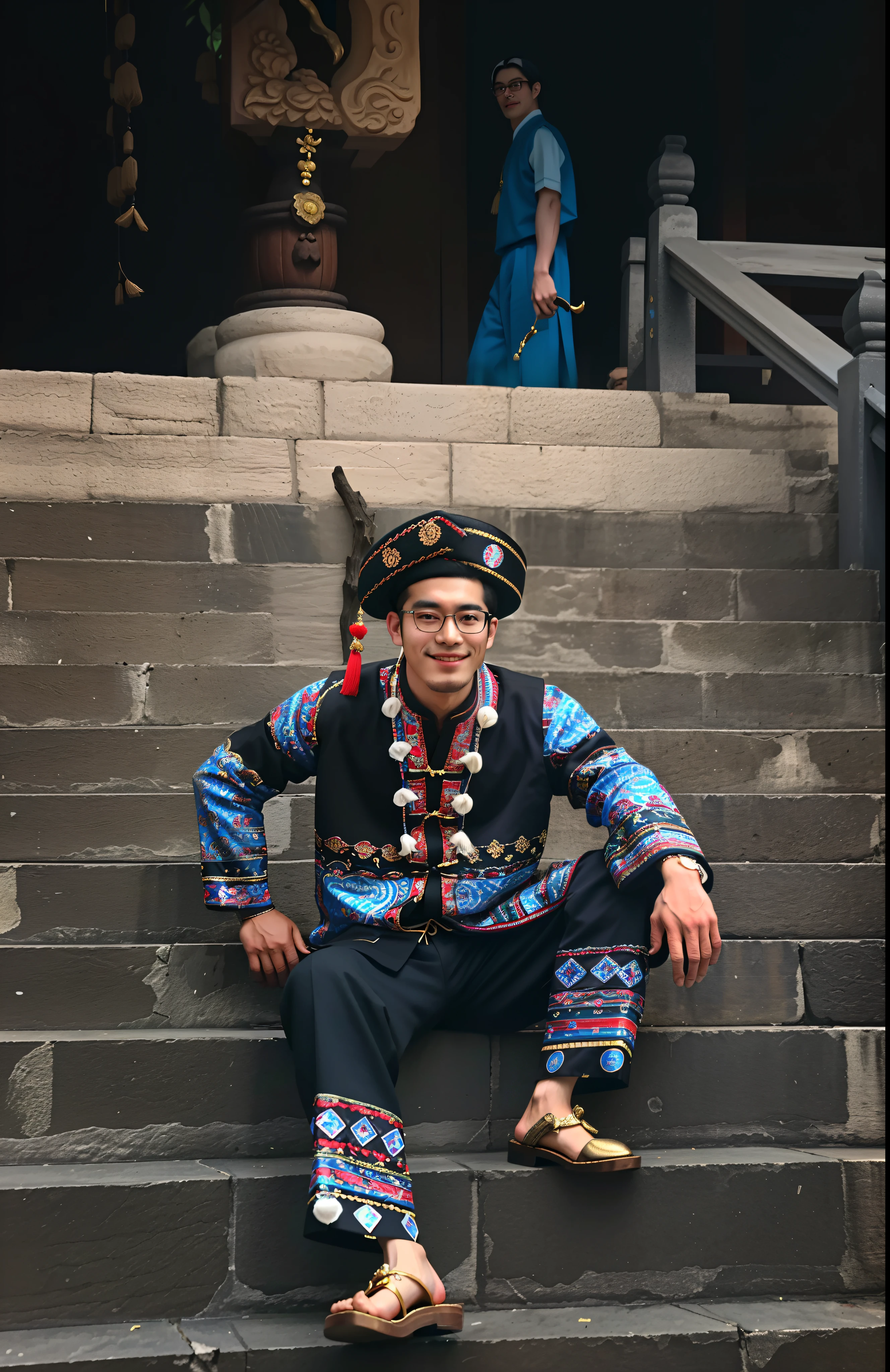 1 Glasses Boy，Wear traditional clothing，ssmile，musculous，Tall and mighty，handsome and dashing，real photograph，（tmasterpiece：1.3），超高分辨率，8K，Works of masters，Nikon D850 shot，