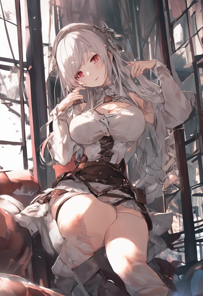 masterpiece、Top image quality、high detailing、Detailed beautiful face and eyes、abajour、window、(nighttime scene:1.5)、nighttime scene、(red eyes:1.4)、Delicate interior design、Longhaire、1girl in、(White hair)、length hair、red blush、(a beauty girl)、cute little、((garterbelts))、huge-breasted、cleavage of the breast、A smile、Long gloves、耳环、Character Center、(Kamimei:1.2)、Big buttocks、Tsuriformes、Small pants、 (Curvaceous:1.2)、(frombelow:1.1)、(White pleated skirt:1.4)、、thick leg、a belt、Blunt bangs、(Open legs:1.5)、Blunt bangs、pretty pose、(Sleeveless sweater:1.3)、cowboy shot、((I can see panties))、dynamic ungle、(overknee socks:1.3)、Adult panties、all-fours、(Strong wind from below:1.4)、girl_on_top、pov、from_below、Girl on top of the viewer、(Prone:1.3)、lying on one's side、Lying down、girl_on_top、pov、from_below、Girl on top of the viewer