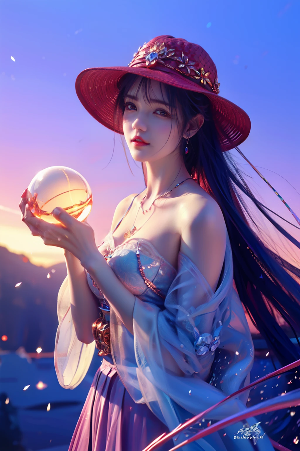 Bust of a beautiful noble maiden,Red chestnut hair elegantly coiled,((Wear a big skirt(blue colors)bucket-hat)),Purple clear eyes,The hair is covered with beautiful and delicate floral craftsmanship, Crystal jewelry filigree,A huge crystal ball on the chest,Ultra-detailed details