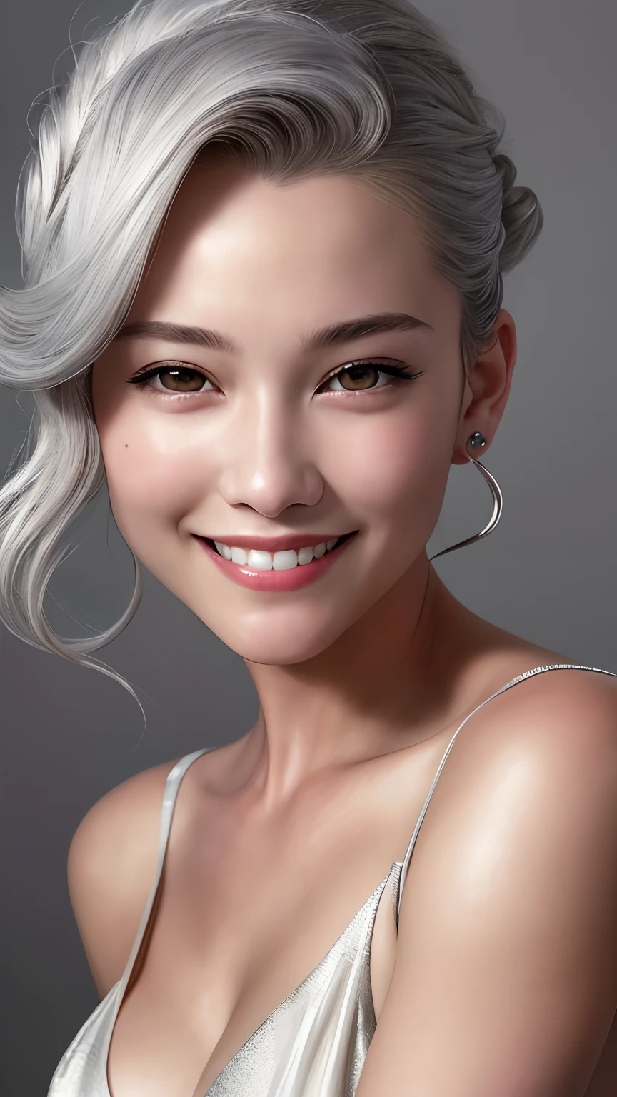 Best quality, masterpiece, ultra high res, (photorealistic:1.4), raw photo, 1girl, silver hair, Formal Updo,shiny skin, dramatic lighting,(smile:1.2)