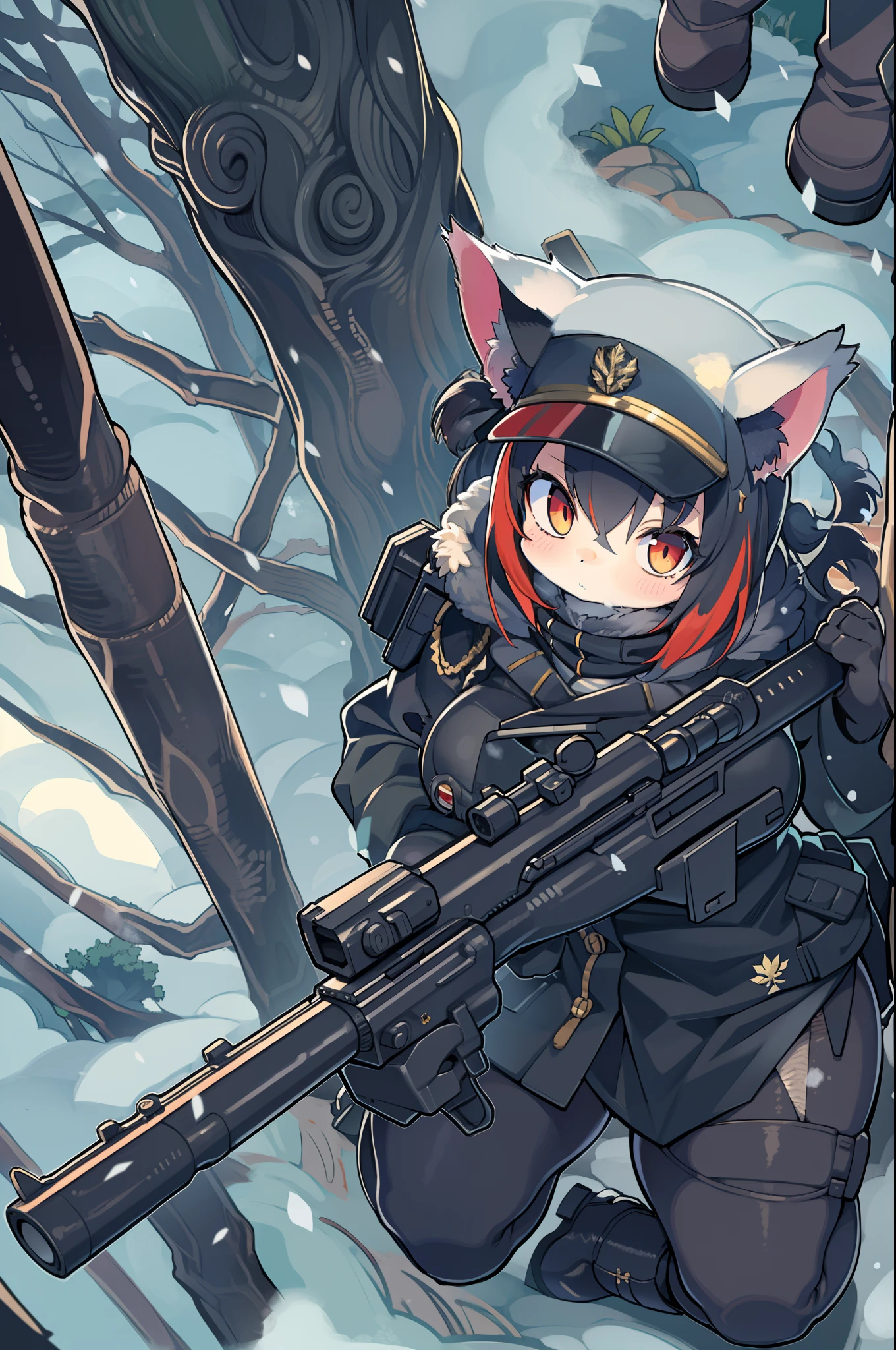 snowy forest, Black hair, Cat ears, Cat Girl, Red Eyes, As I ran, officer uniform, , Germany, Black Officer Uniform,huge-breasted、Giant Sniper Rifle、From the top、Overhead view,Very Wide Shot