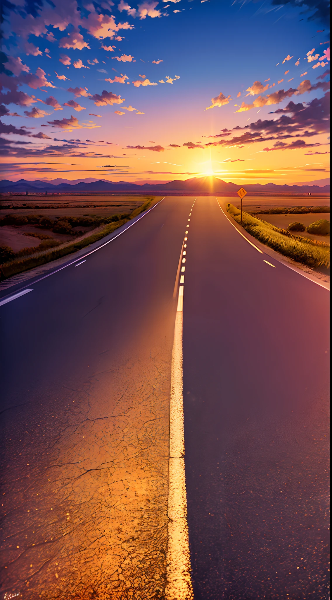 arafed view of a highway with a sunset in the background, highway and sunset!!, road, open road, highway, shutterstock, the road, long road, vanishing point perspective, going forward to the sunset, desert highway, wide roads, empty road in the middle, long highway, inspired by Mike Winkelmann, artistic interpretation, empty road, roads