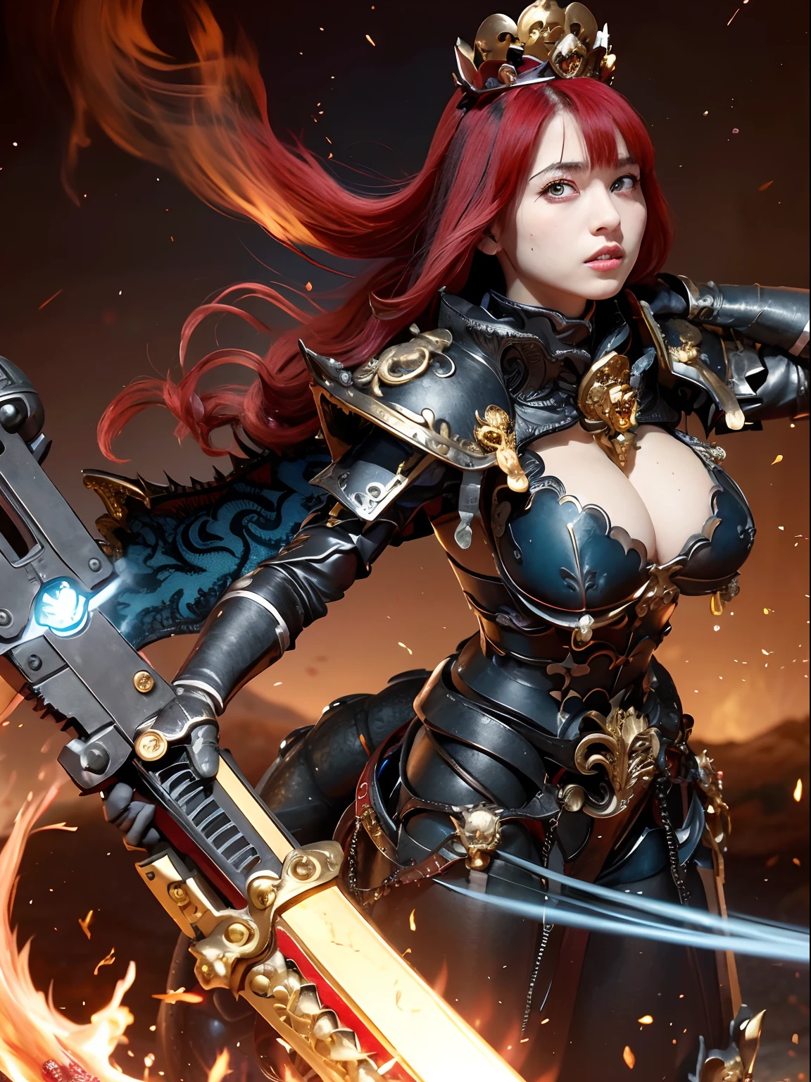 (masutepiece), Professional , masterpiece、top-quality、photos realistic , depth of fields 、(Dragon Black Metal Body:1.9),(Matte Blue Black、(cleavage of the breast)、Dragon Gold Weapon(Dragon Metal Body:1.4),Gorgeous gold weapons ,(( Dragon's dense and gorgeous sword)) , (demonic wings) ,warhammer 40k , adepta sororitas,Detail and gorgeous crown、((Red hair))、(Castle background)、((Gangle's forest background))、Beautiful Caucasian beauty、1a person、dynamic ungle,(((Detailed and ornate Black Dragon Crown)))、Smaller head、A smile、Castle background、Thin and beautiful female hands、cleavage of the breast、Soldier in iron armor on background、Mystical expression、Light Effects、intense fighting、Wind-effect、magic circles、With the legendary magic wand、Dragon's tail、