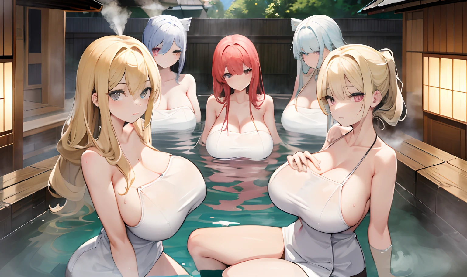 a masterpiece of,(perfect anatomia:1.4), best qualtiy, high_resolution, Fine details, highly detailed and beautiful, Distinct_image, (8 Girls), , a blond,Red-eyed, standing split,(huge-breasted), (tits out),(Towel)、(hot onsen)、(((steam))),Sit up