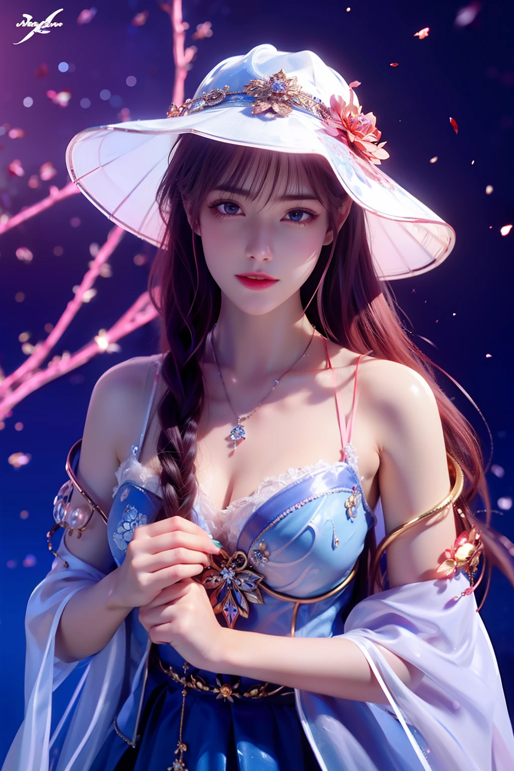 Bust of a beautiful noble maiden，Red chestnut hair elegantly coiled，（(Wear a big skirt(blue colors)bucket-hat))，Purple clear eyes，The hair is covered with beautiful and delicate floral craftsmanship, Crystal jewelry filigree，A huge crystal ball on the chest，Ultra-detailed details