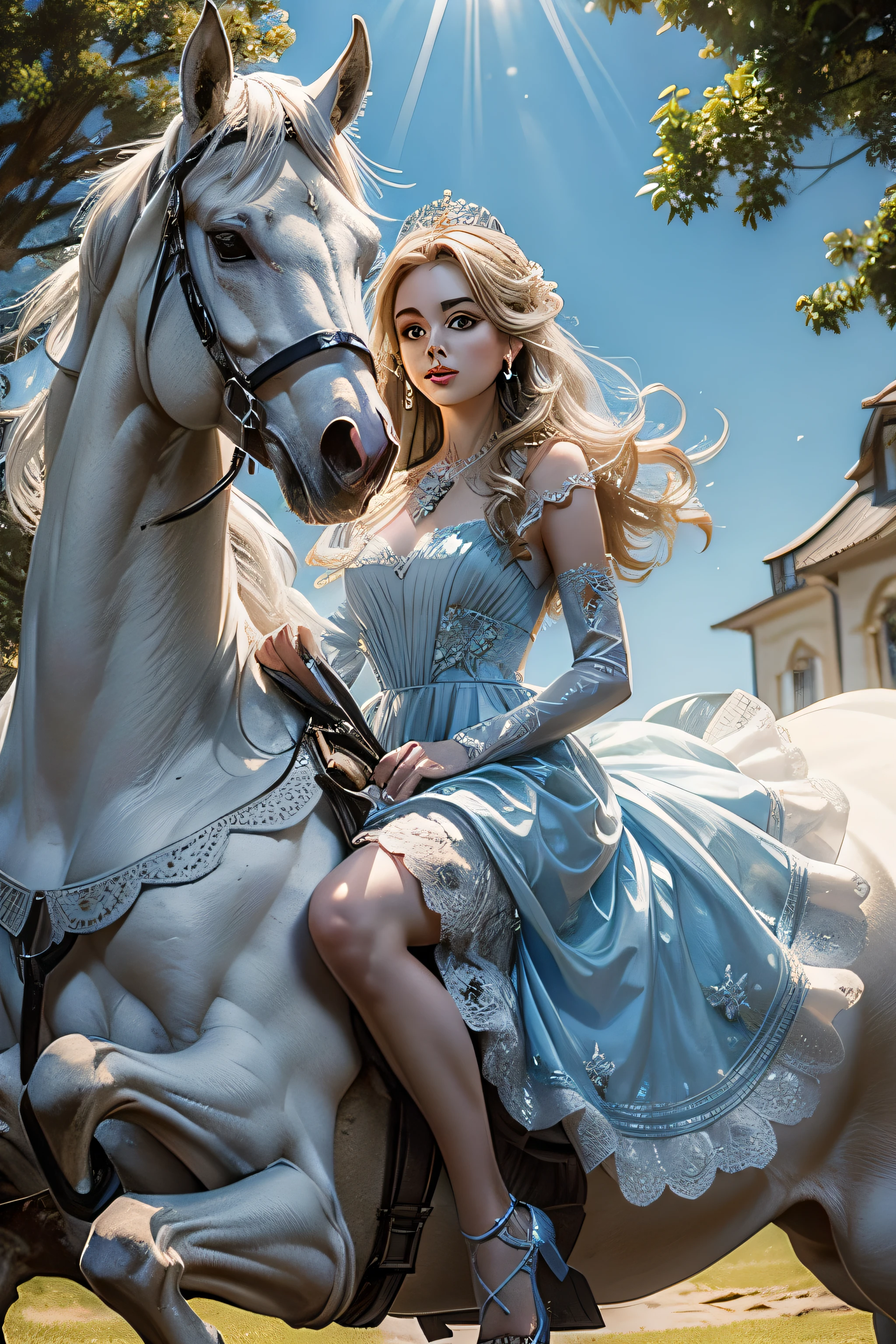 princess (straight nose, adorable eyes) in light blue gown dress riding white horse
