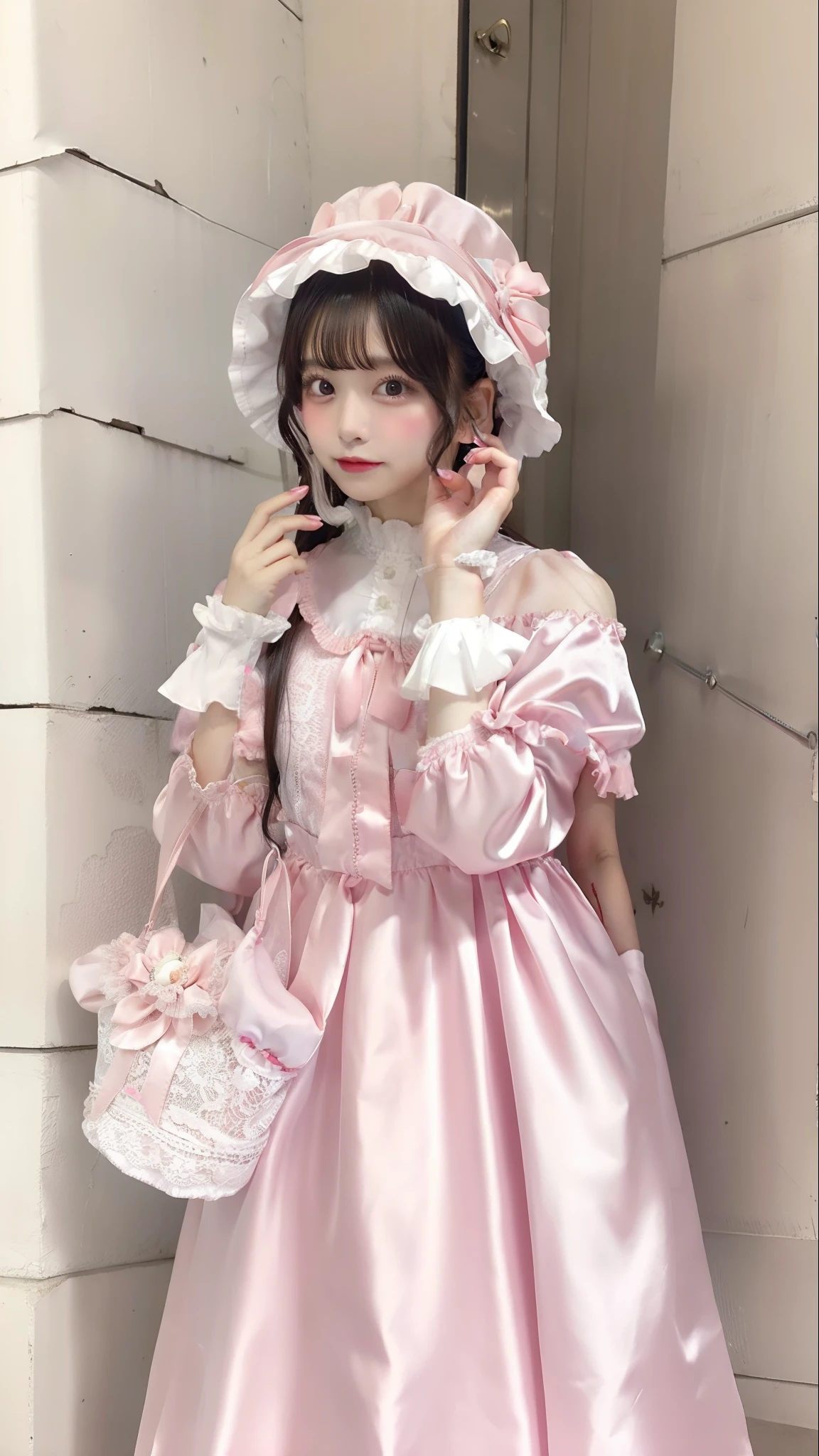 A Japanese woman wearing sweet Lolita fashion in a light pink color. She has large, almond-shaped eyes with an intense gaze. The scene should emphasize the intricate details of her outfit, highlighting the frills, bows, and lace typical of sweet Lolita fashion. The overall atmosphere is cute and elegant, with a focus on the pastel blue tones of her clothing and the captivating features of her eyes.