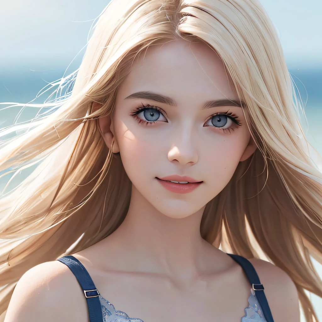 (8K, RAW Photos, of the highest quality, Masterpieces: 1.2), (Realistic, Photorealistic: 1.37), Highest Quality, Ultra High Resolution, light  leaks, Dynamic lighting, Slim and smooth skin, (Full body:1.3), (Soft Saturation: 1.6), (Fair skin: 1.2), (Glossy skin: 1.1), Oiled skin, 22 years old, Night, shiny white blonde, Well-formed, Hair fluttering in the wind, Close-up shot of face only, Physically Based Rendering, From multiple angles, A big smile, super girl, miniture,  (Open your eyes:1.2), Blue Eyeshadow, Beige underwear