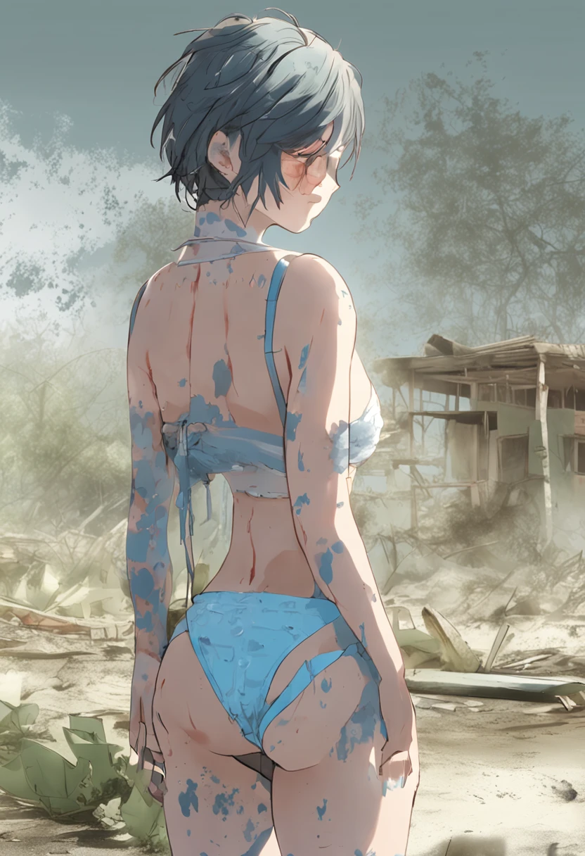 middle-aged Japanese woman, mature, slightly chubby, covered in dull green gunge and brown slime, very messy, muddy, wearing light blue panties, wearing wacoal panties, wearing AMO'S STYLE light blue panties, wearing white t-shirt, munio, omorashi, , capturing the essence of intense humiliation, public humiliation, embarrassed, highly detailed and immersive, showcasing a full body shot, a picture showing the whole body