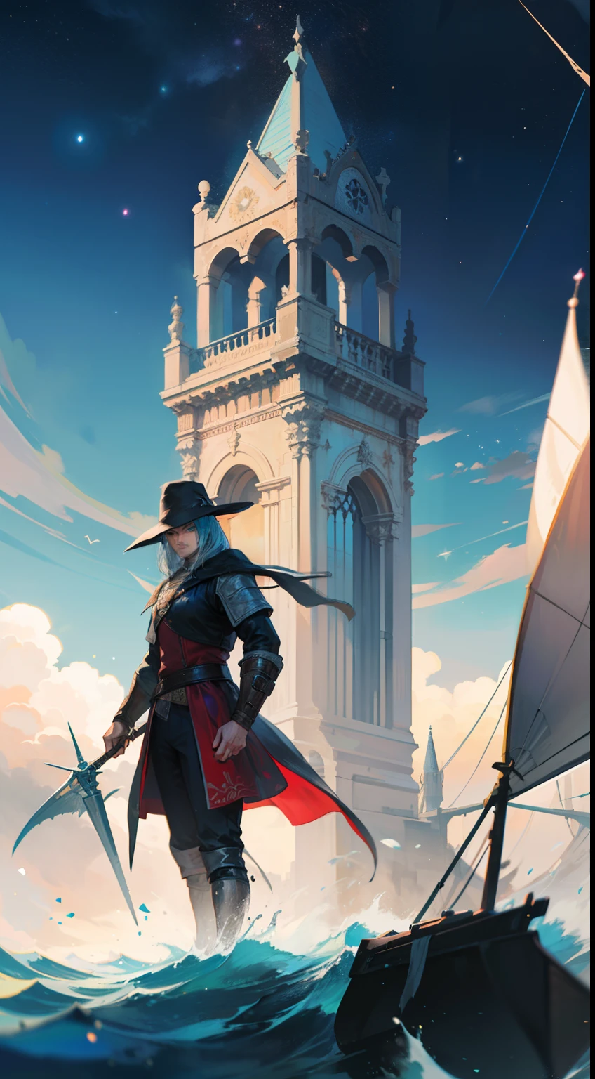 A man,the witcher,Wizard's Hat,Wide brim,spires,cyan eyes,short detailed hair,pergaminhos,avas,afloat,compass,Galaxy model,nigh sky,Stars
