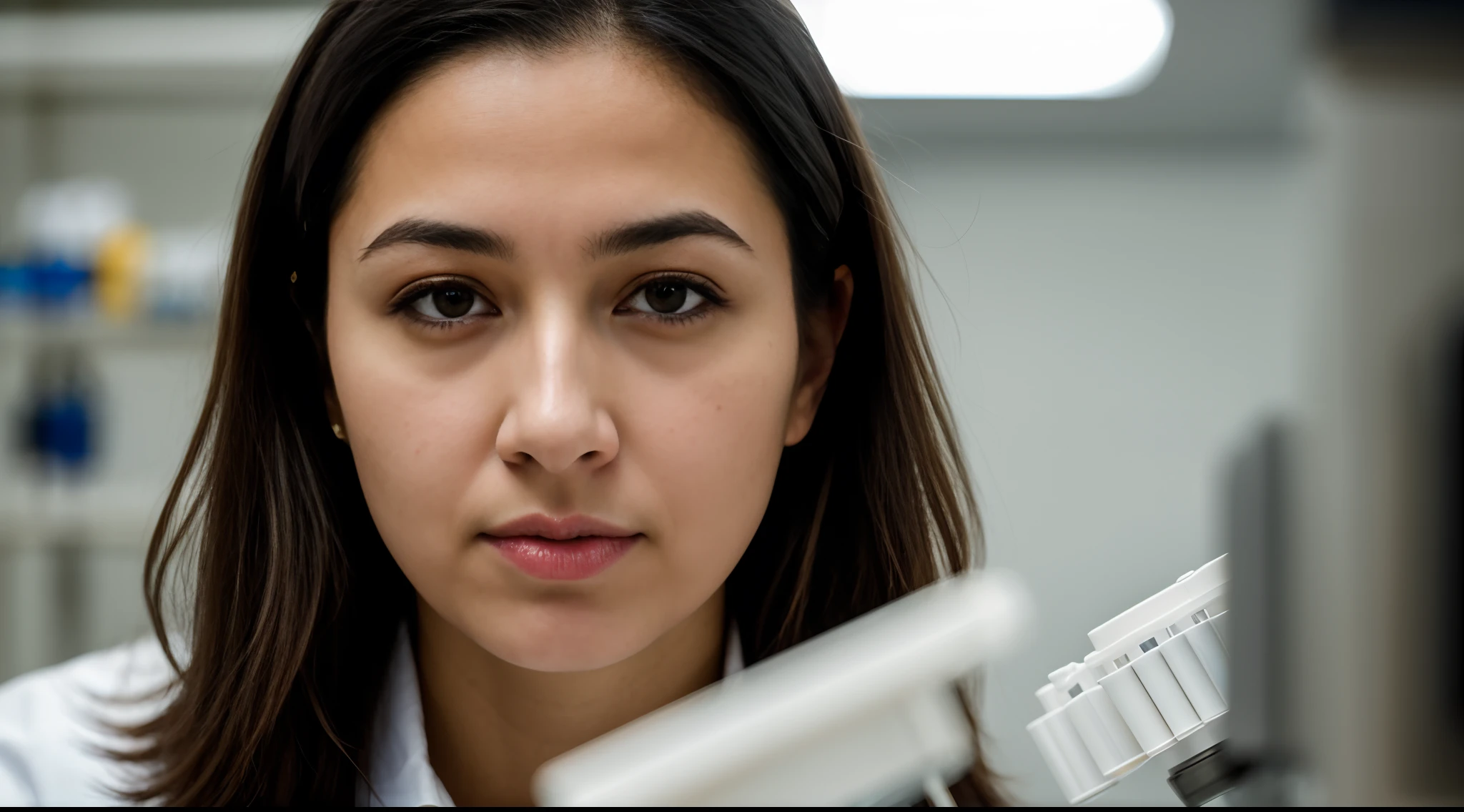 instagram photo, A close-up of a woman scientist's focused expression as she conducts experiments, dedication, concentration, Nikon D850 with 85mm f/1.4 lens, diffused light, portrait photography.