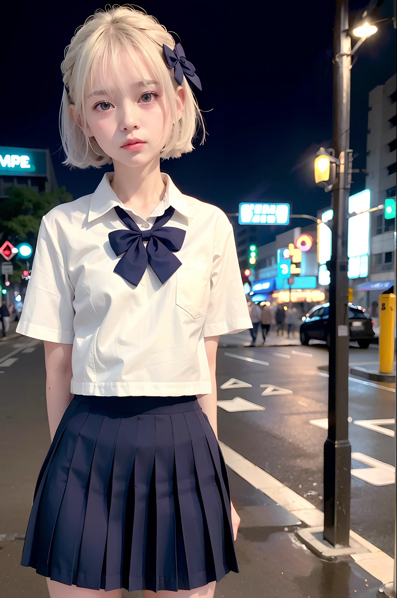 (8k、RAW Photography、Top image quality、masterpiece:1.3)、(realisitic、Photorealsitic:1.37)、(natta)、(Look at viewers:1.331)、(white hair)、the pose、on tokyo street、nighttime scene、cyberpunkcity、Soft light、1girl in、extremely beautiful face、bust、putting hands、random hairstyle、random facial expression、big eye、、lower abdom、(Short sleeve JK_shirt)、JK_style、(Dark blue JK_skirt)、(Ribbon JK_tie)、mix4、a smile