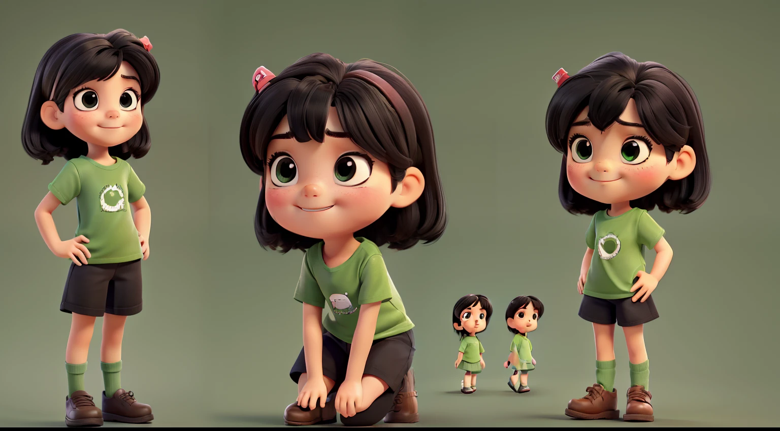 A name Lisa, black hair, wearing green t-shirt, black pants, brown shoes,character sheet, different angle, in the style of Cartoonish illustrations